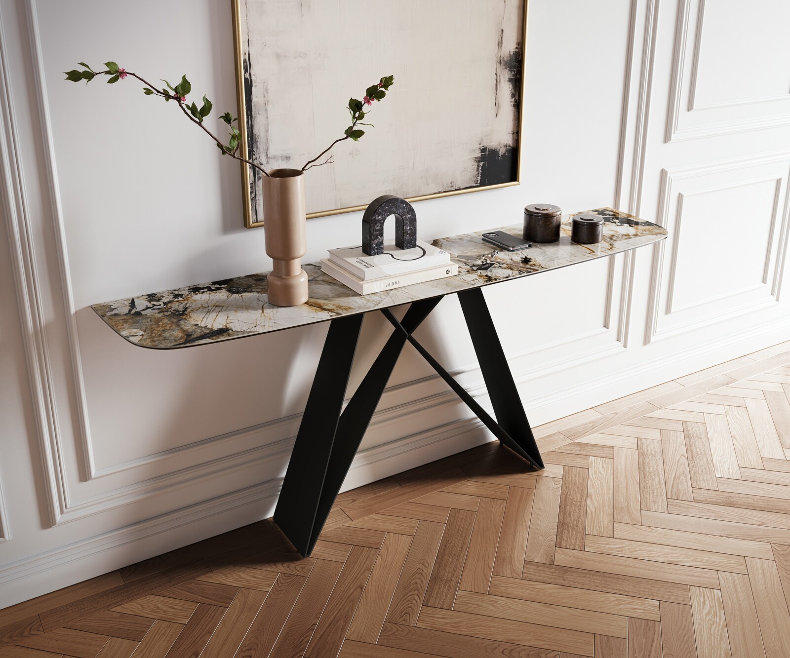 Consoletafel Edge Bootvorm 180x40 cm Keramiek Patagonia Poliert Velio Metaal Zwart 4