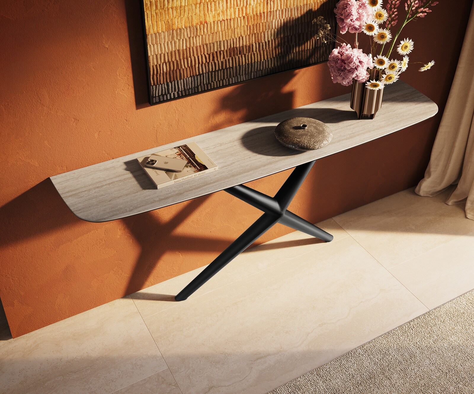 Consoletafel Edge Bootvorm 180x40 cm Keramiek Laminam® Travertino Bianco Creme-Weiß Estelo Metaal Zwart 4