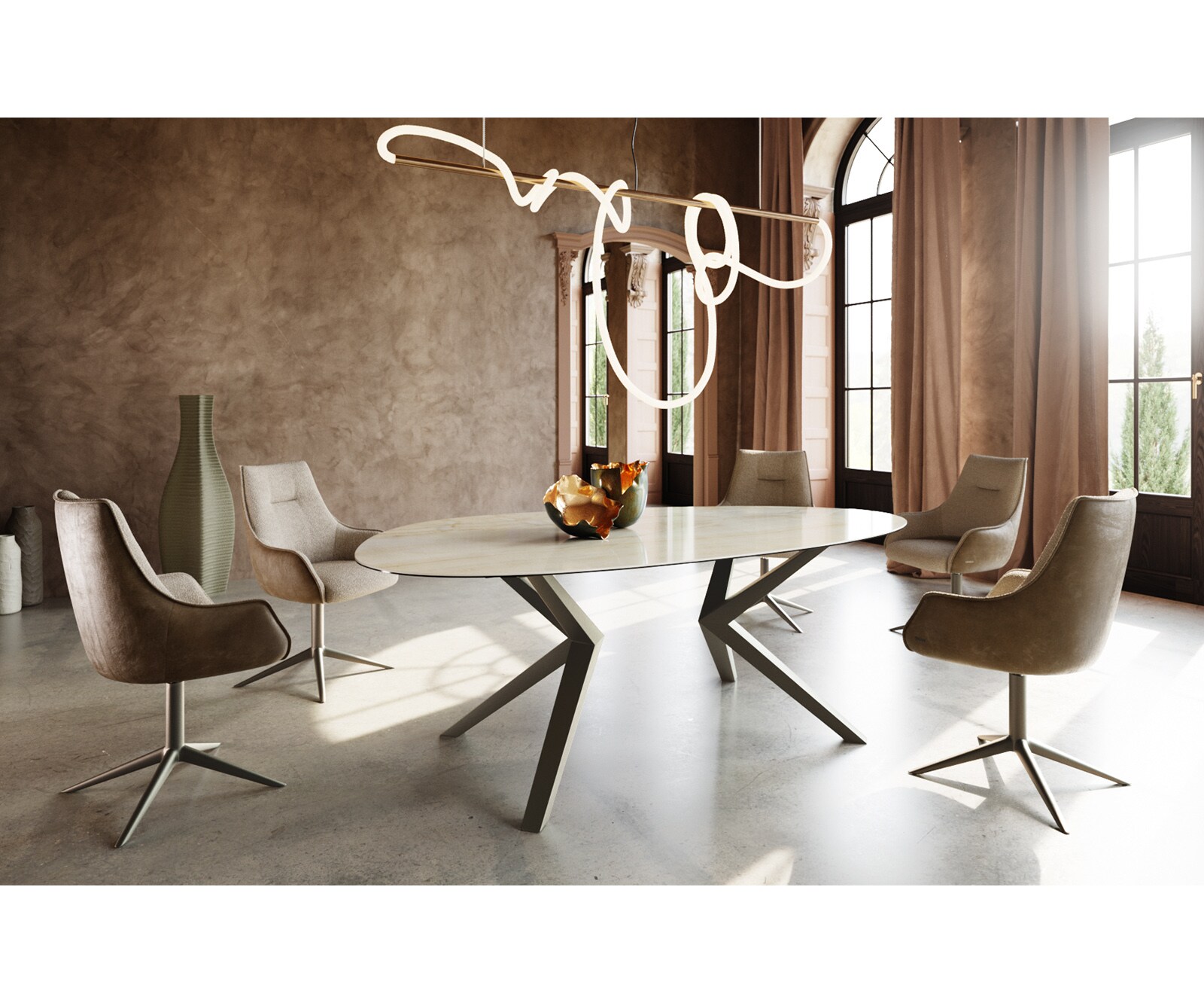 Eetkamertafel Edge ovaal 220x120 keramiek Iris FMG Onice Oro Zenthara hoekig metaal effectafwerking titaan 4