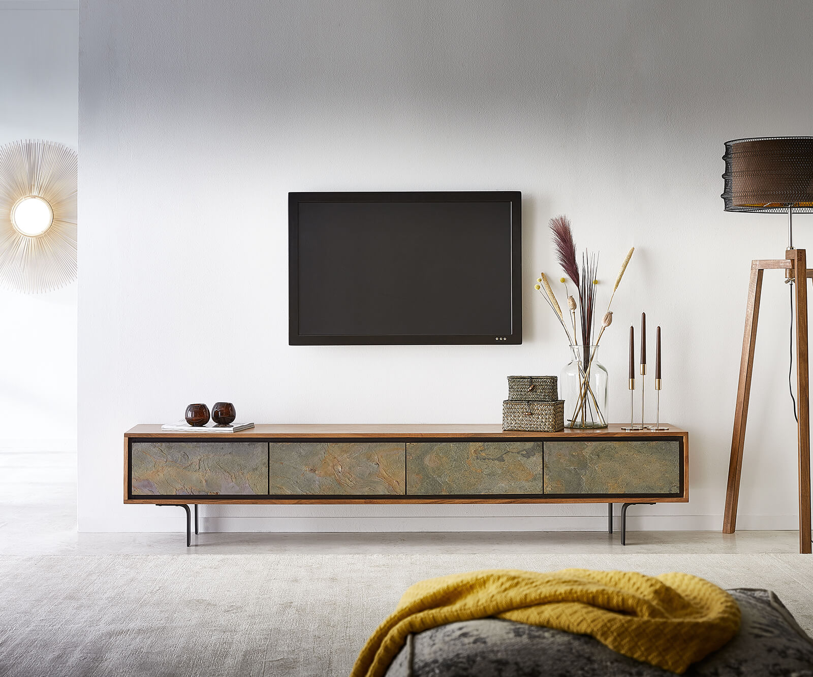 TV-meubel Juwelo 200 cm acacia natuur steenfineer metaal zwart  1