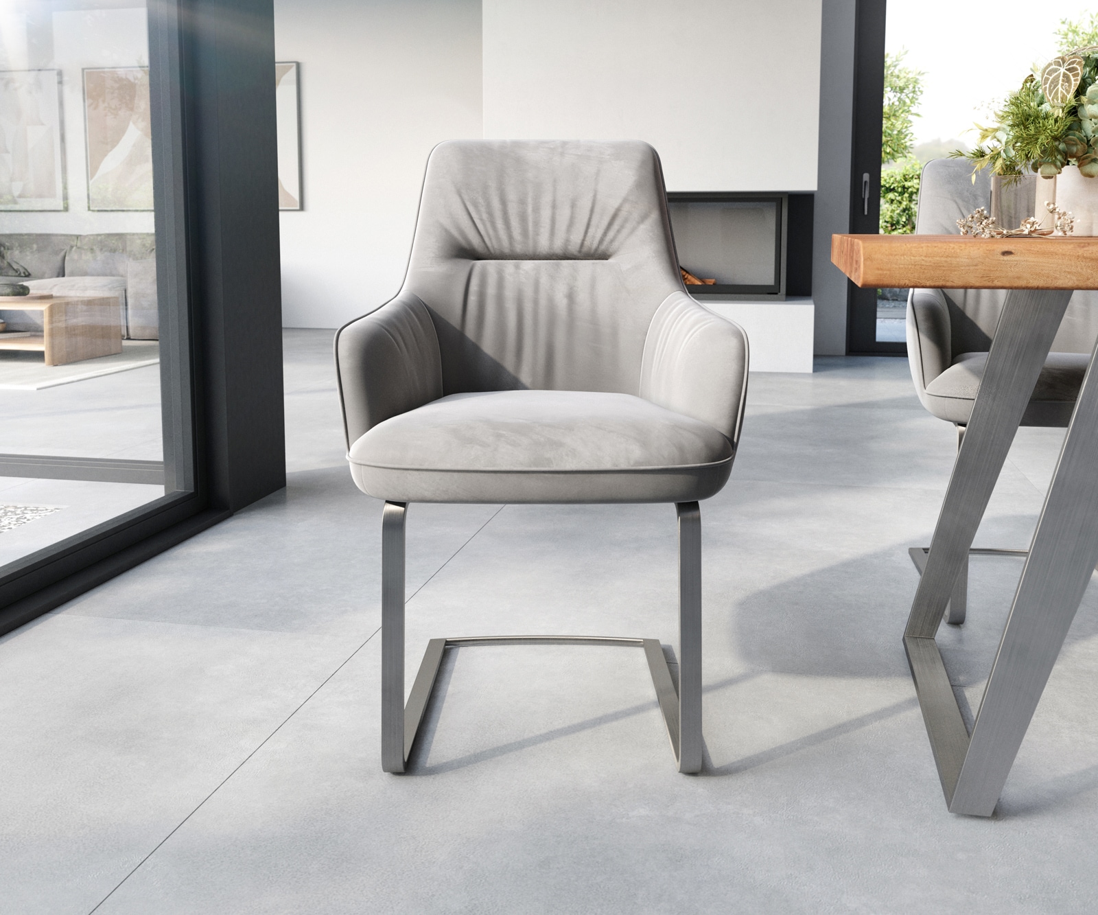 Sledemodel Zelia-Flex met armleuning fluweel grijs sledemodel vlak roestvrij staal pocketveer kern 1 Sledemodel Zelia-Flex met armleuning fluweel grijs sledemodel vlak roestvrij staal pocketveer kern 1