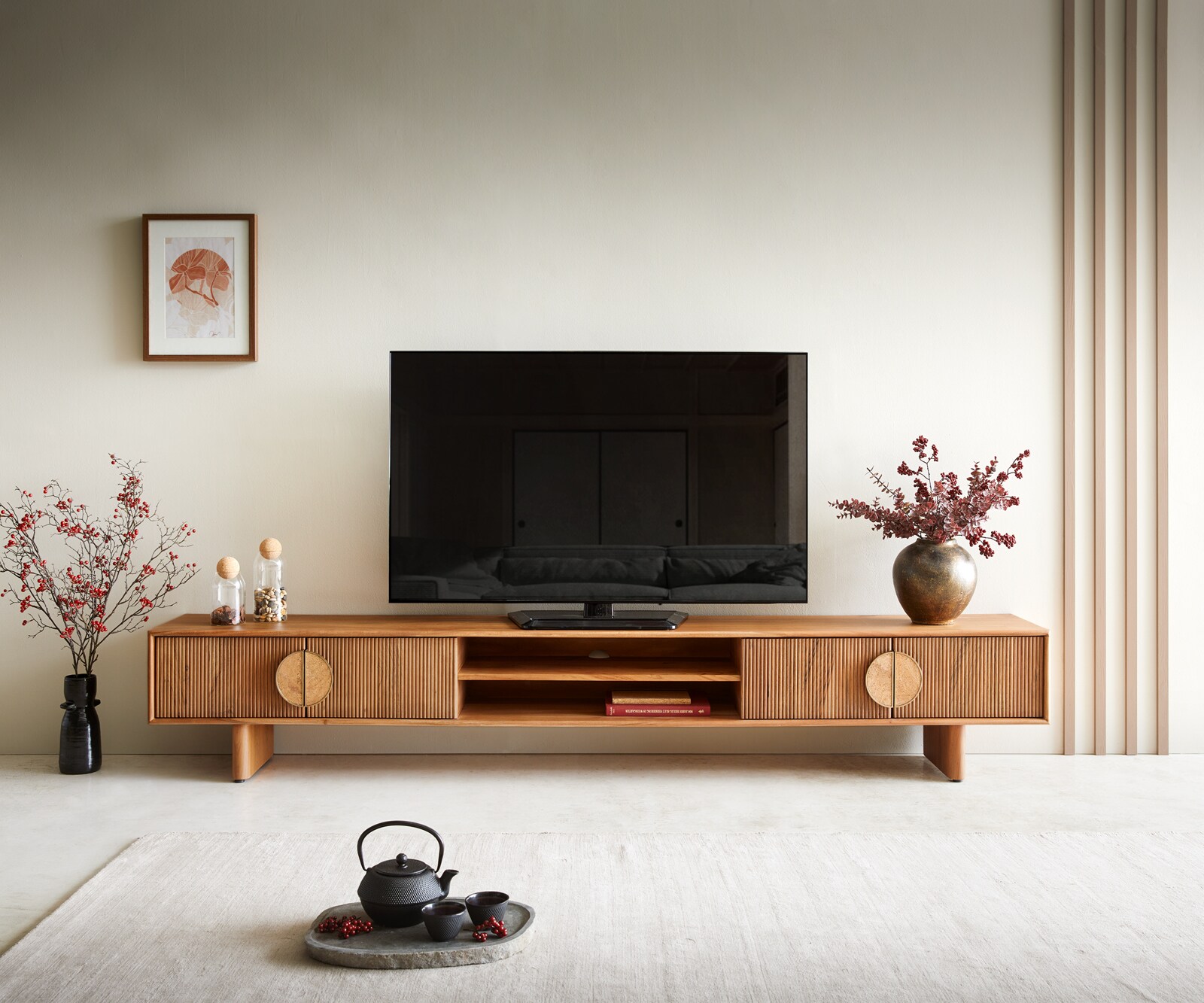 Tv-meubel Surimu 240 cm acacia lichtbruin 4 deuren 2 vakken kurk handvat houten poten 5 Tv-meubel Surimu 240 cm acacia lichtbruin 4 deuren 2 vakken kurk handvat houten poten 5