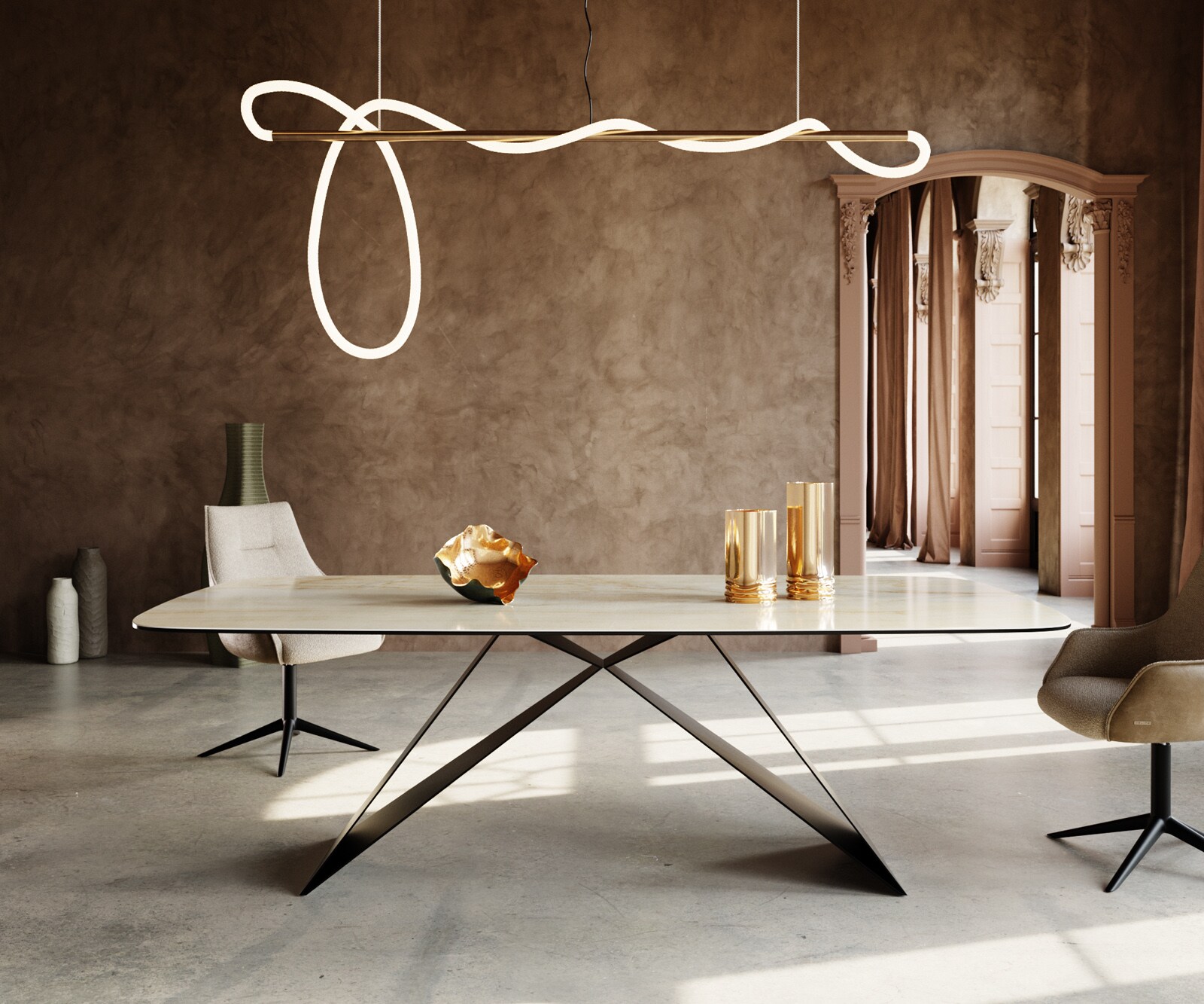 Eettafel Edge Oval 240x120 keramiek Iris FMG Onice Oro V-frame plat staal zwart 1