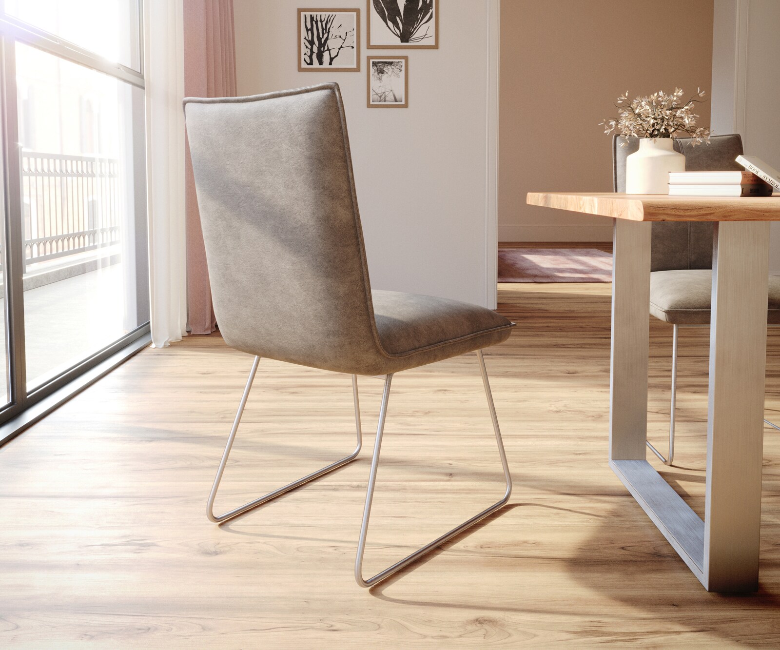 Eetkamerstoel Lelio-Flex microvelours taupe vintage slipframe roestvrij staal pocketveer kern 4