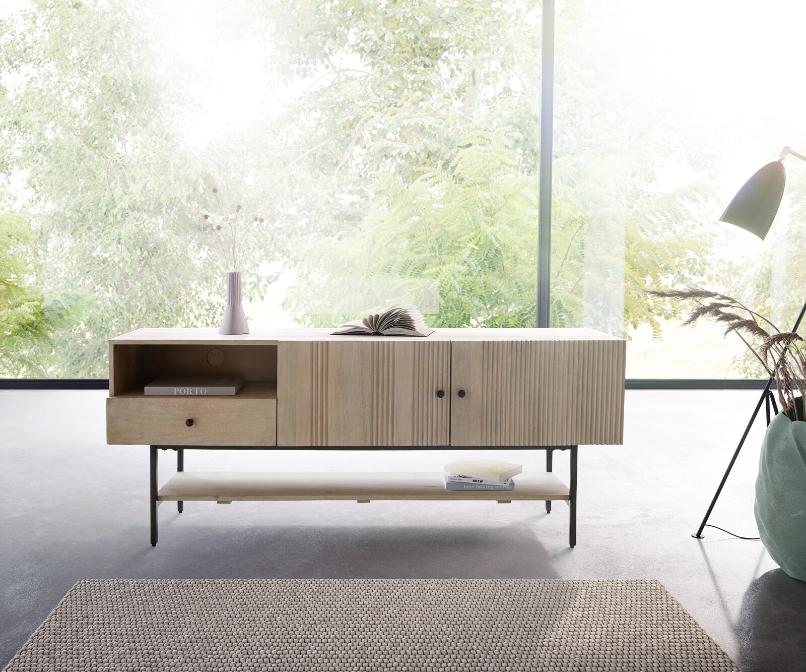 Tv-meubel Nessa 160x40 cm Mango White Wash metaal zwart 1 Lade 2 deurs