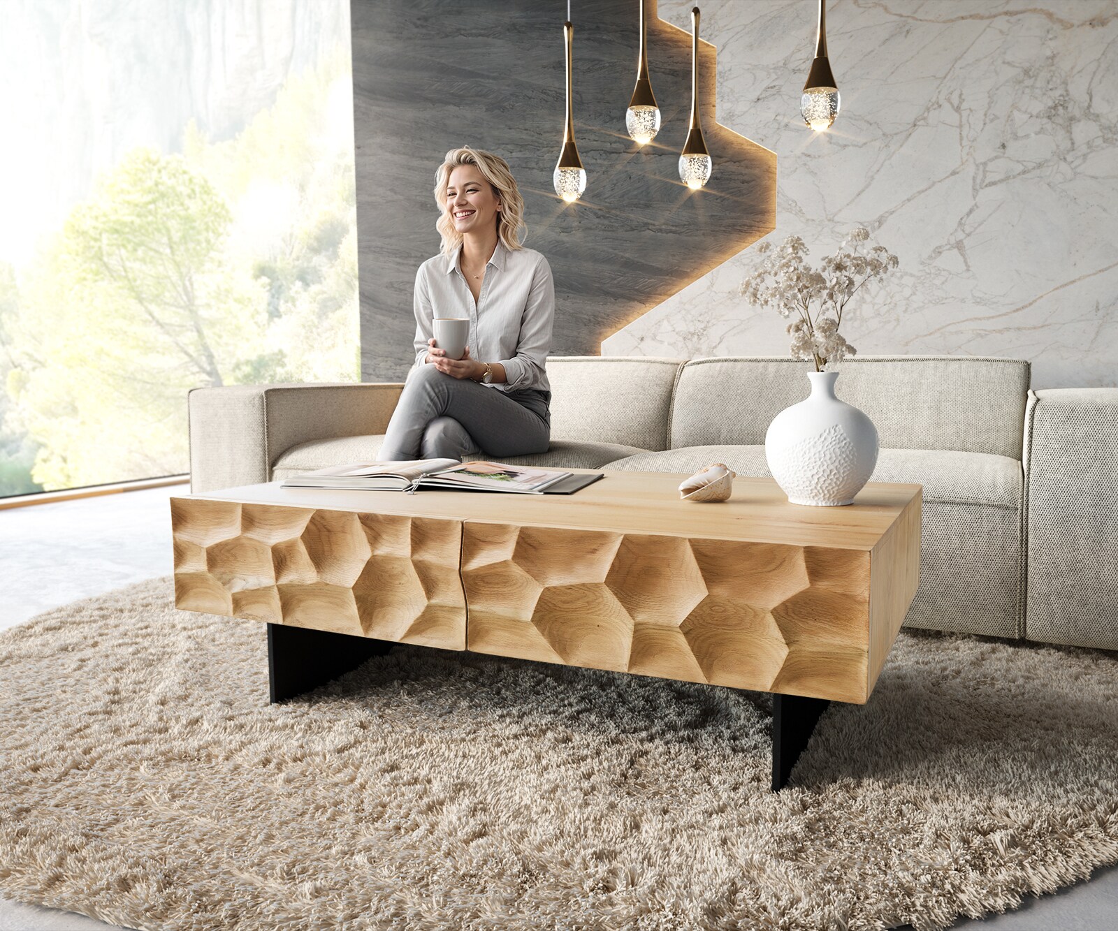 Salontafel Solu 120 cm natuur eiken 4 Lades poot zwevend metaal zwart 3D Front