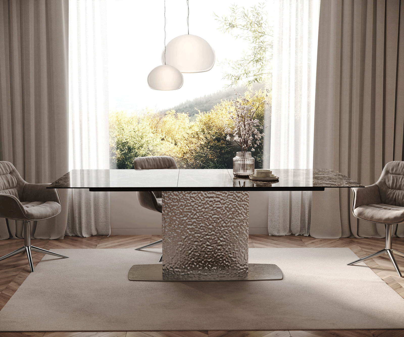 Eetkamertafel Edge 180-220x100 Laminam® Emperador Extra Lucidato donkerbruin Wave roestvrij staal uittrekbaar 2
