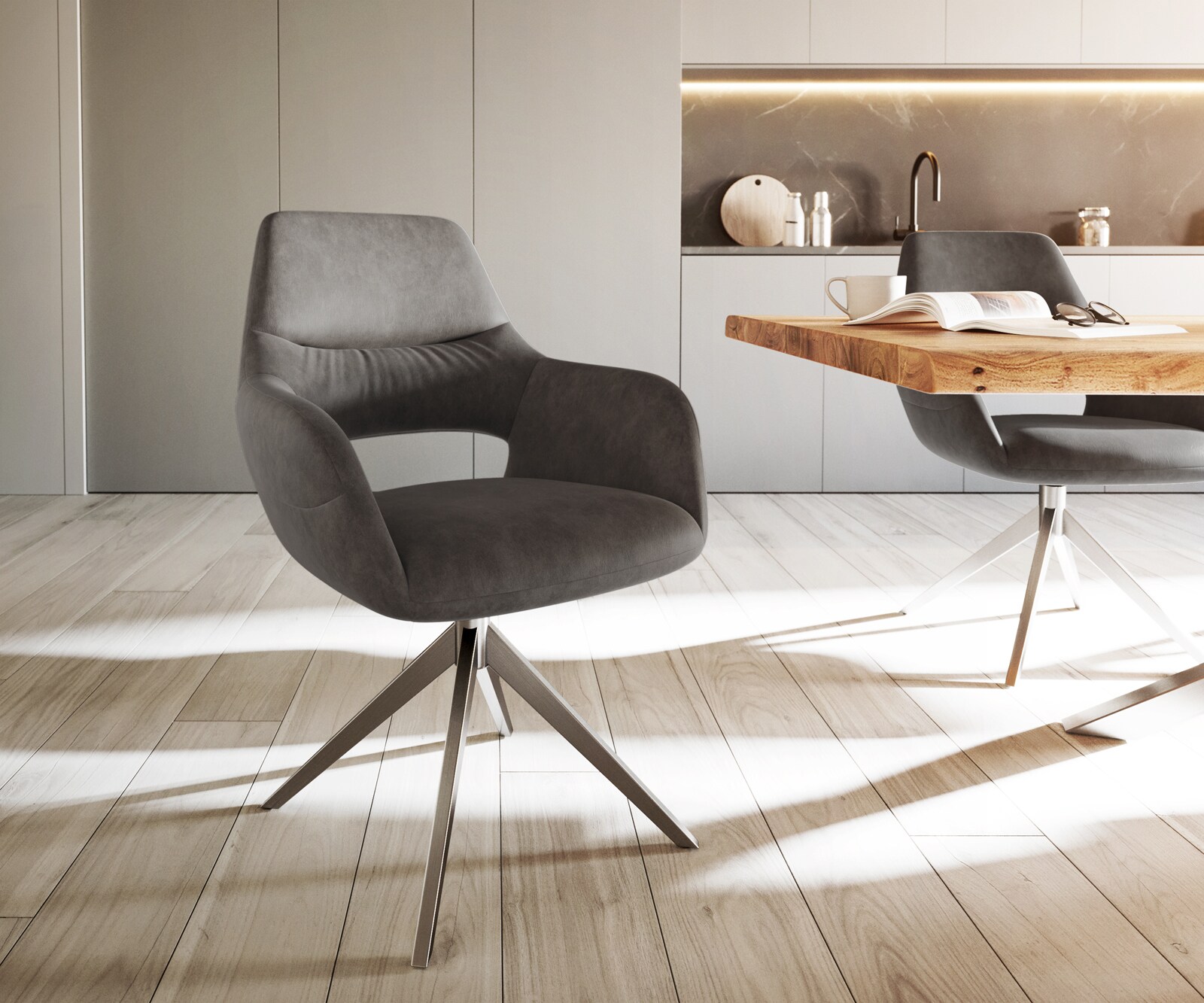 Eetkamerstoel Yago-Flex met armleuning microvelours antraciet vintage kruisframe breed roestvrij staal pocketveer kern Eetkamerstoel Yago-Flex met armleuning microvelours antraciet vintage kruisframe breed roestvrij staal pocketveer kern