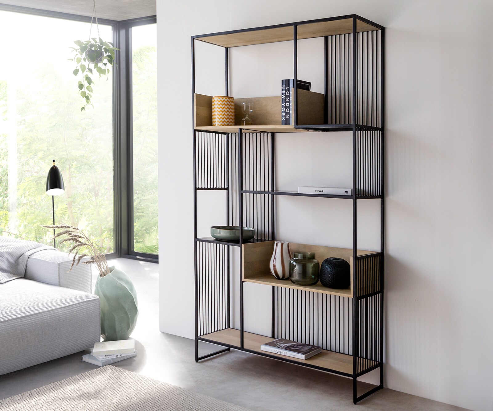Boekenkast Lukeo 115x200 cm mango White Wash metaal zwart