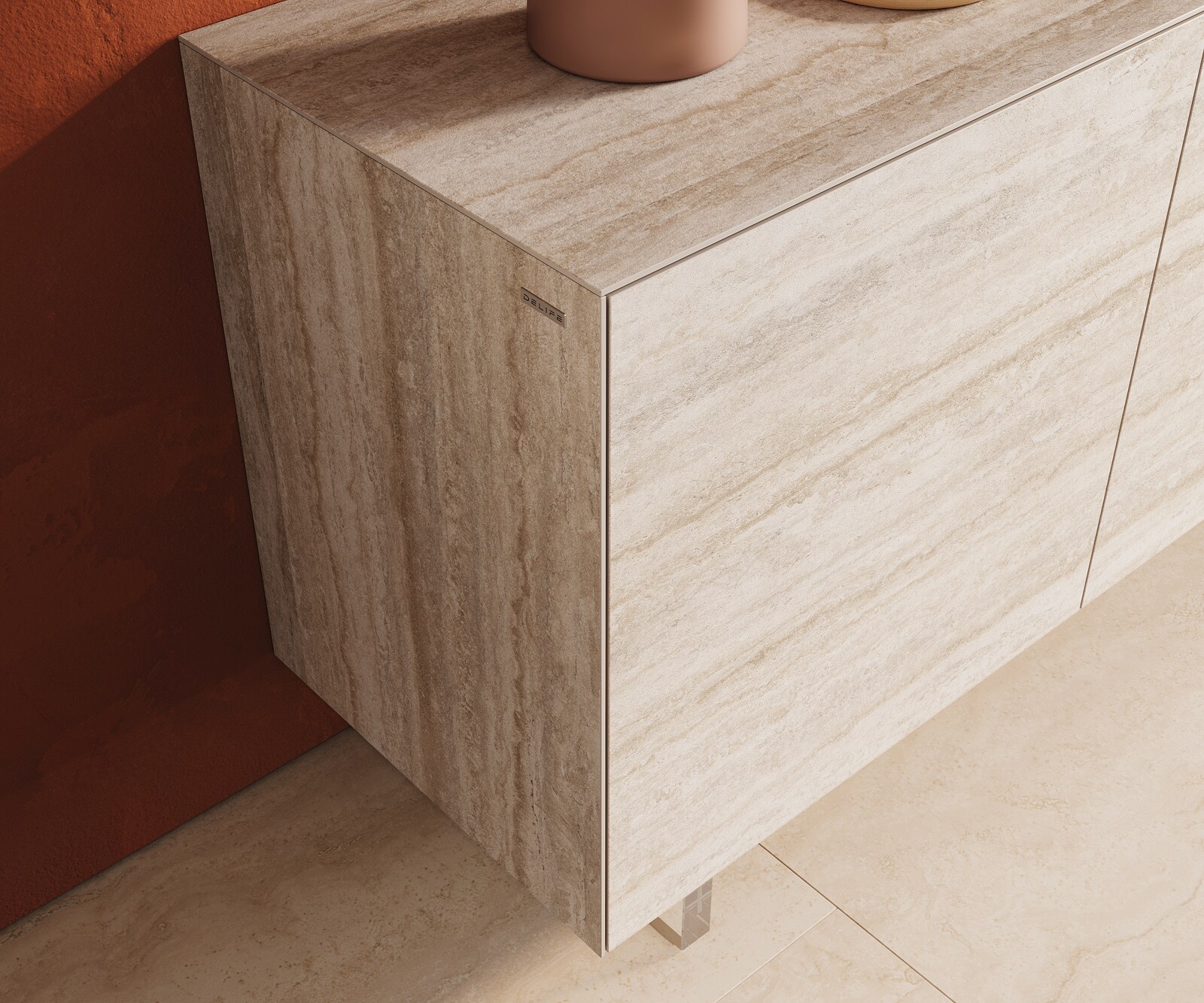 Dressoir Cuor 180 cm Keramiek Laminam® Travertino Bianco Crème-wit 2 Deuren 3 Laden Zwevende voet look Acrylglas 6