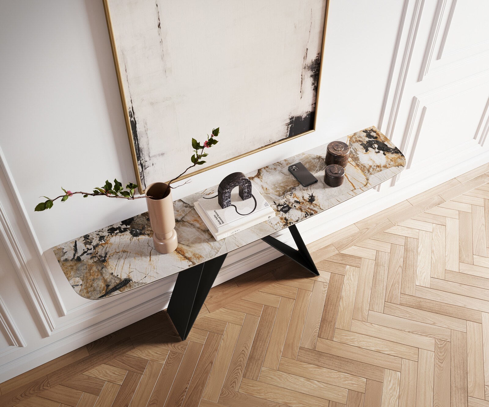 Consoletafel Edge Bootvorm 180x40 cm Keramiek Patagonia Poliert Velio Metaal Zwart 2