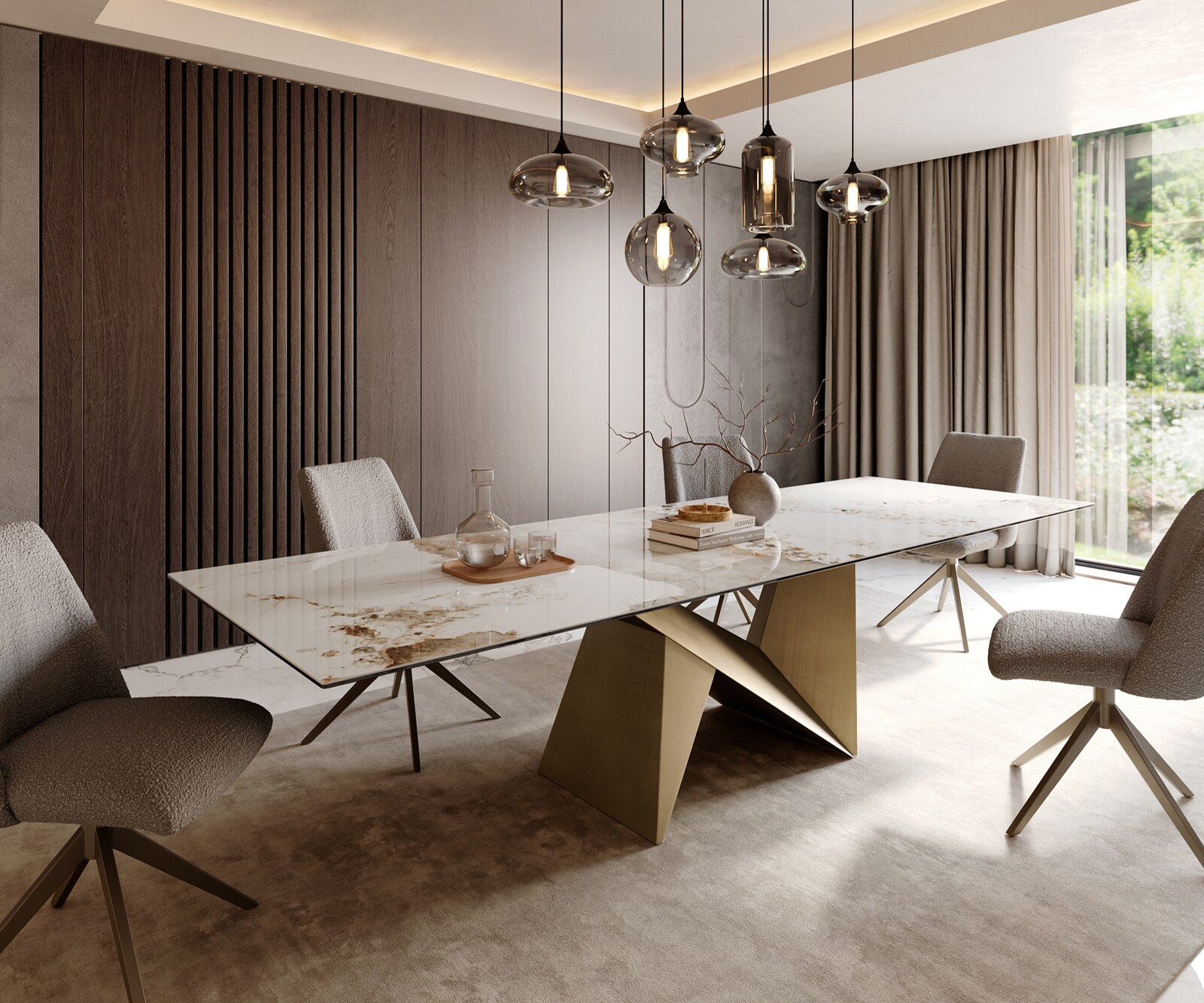 Eettafel Edge 300x100 keramiek  Minas Melange wit-beige  Origami metaal goud 1