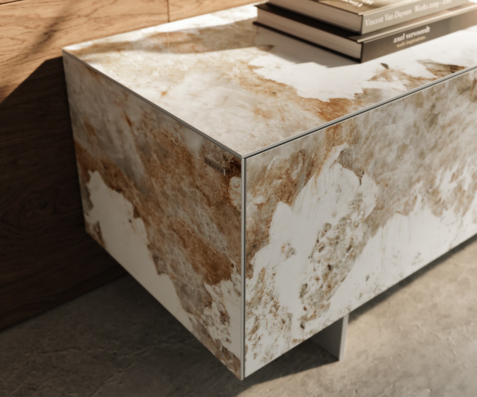 Tv-meubel Cuor 220 cm Keramiek Minas Melange Wit-beige 1 Flap 2 Laden Zwevende voet look Roestvrij staal 6