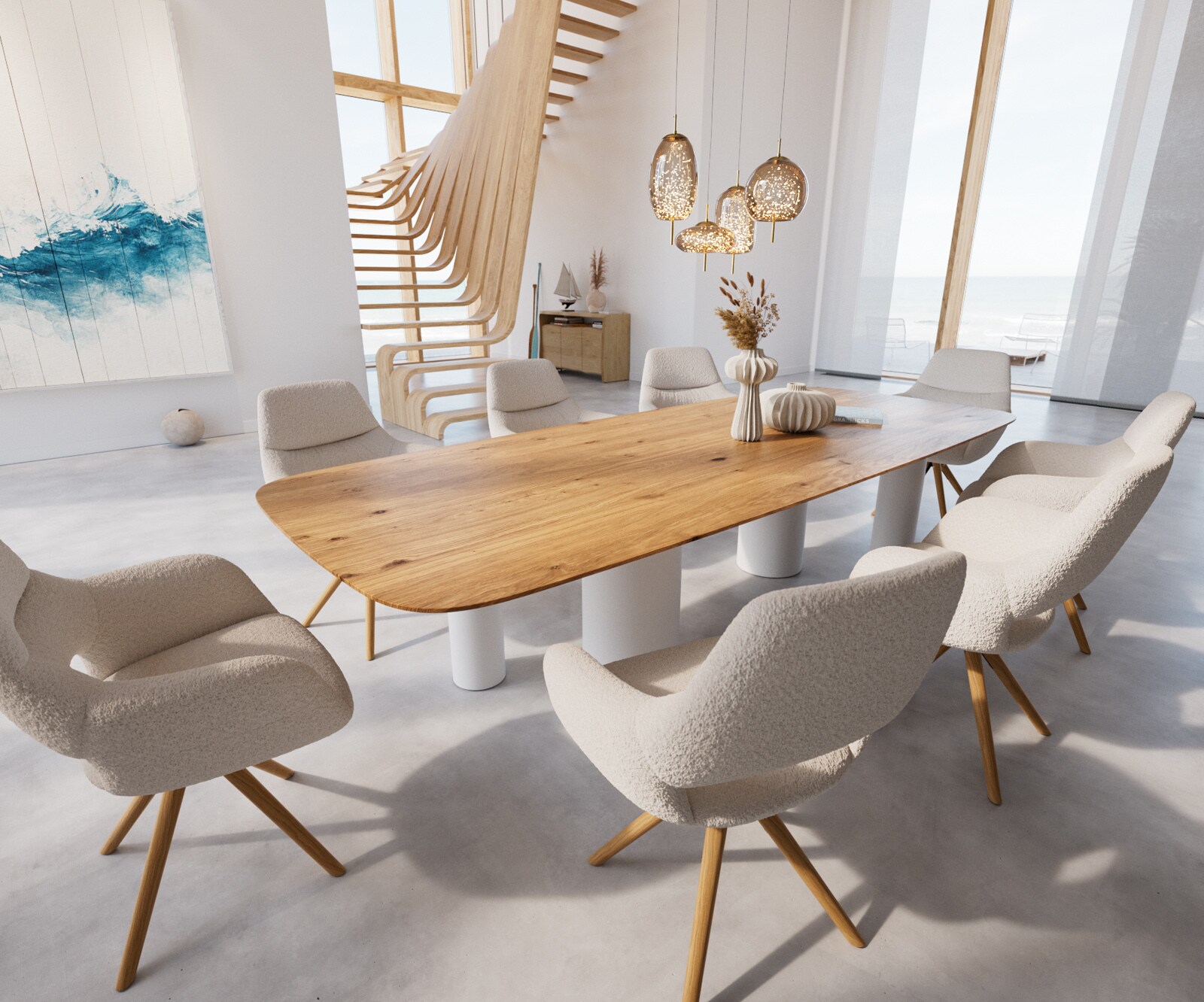 Eetkamertafel Edge Boot 300x120x2,5-3 eiken natuurPilier metaal wit zwitserse rand 6