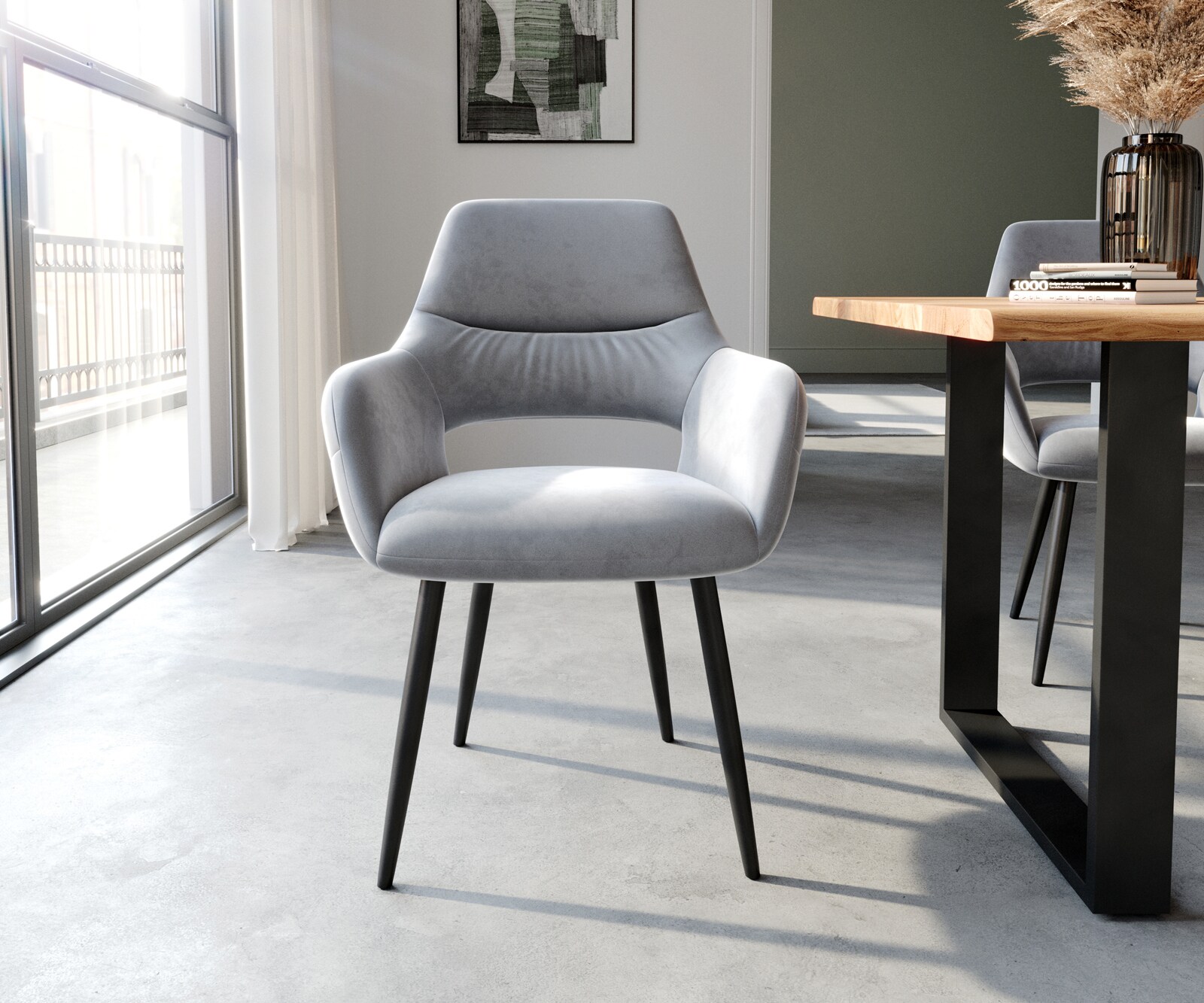 Eetkamerstoel Yago-Flex met armleuning fluweel grijs 4-poot conisch zwart pocketveer kern 1 Eetkamerstoel Yago-Flex met armleuning fluweel grijs 4-poot conisch zwart pocketveer kern 1
