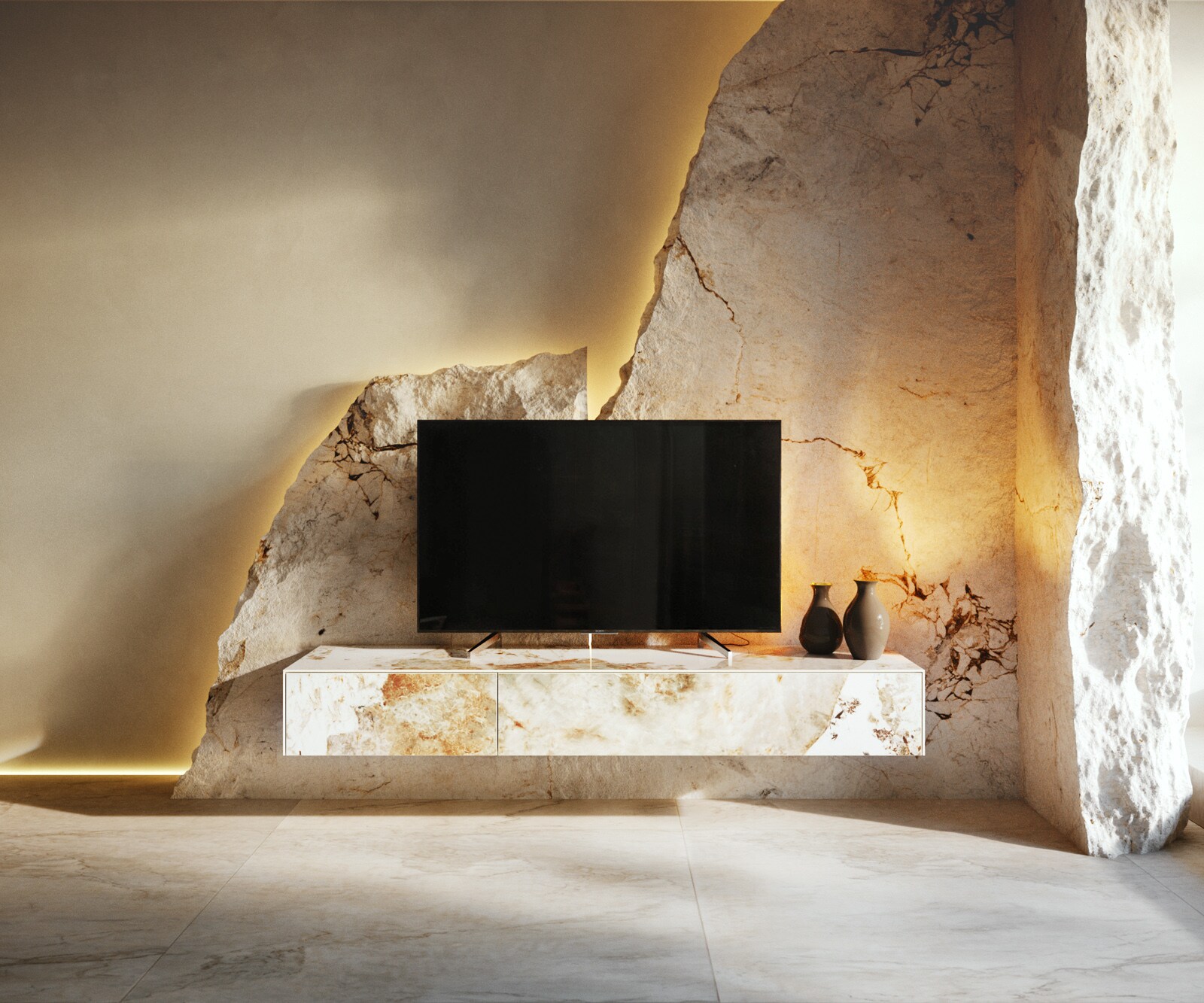 Tv-meubel Cuor 150 cm Keramiek Minas Melange Wit-beige 1 Flap 1 Lade Zwevend