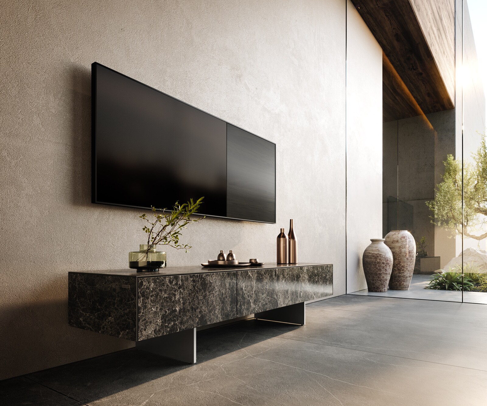 Tv-meubel Cuor 150 cm Keramiek Laminam® Emperador Extra Lucidato Donkerbruin 1 Flap 1 Lade Zwevende voet look Roestvrij staal 1
