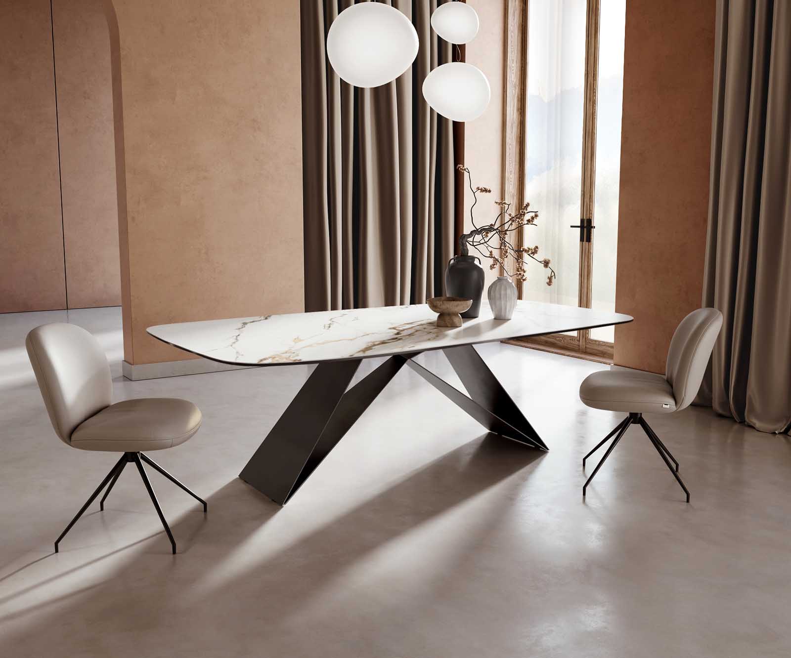 Eetkamertafel Edge Boot 240x120 keramiek Calacatta Luxe wit-goud-grijs V-frame vlak staal zwart 1