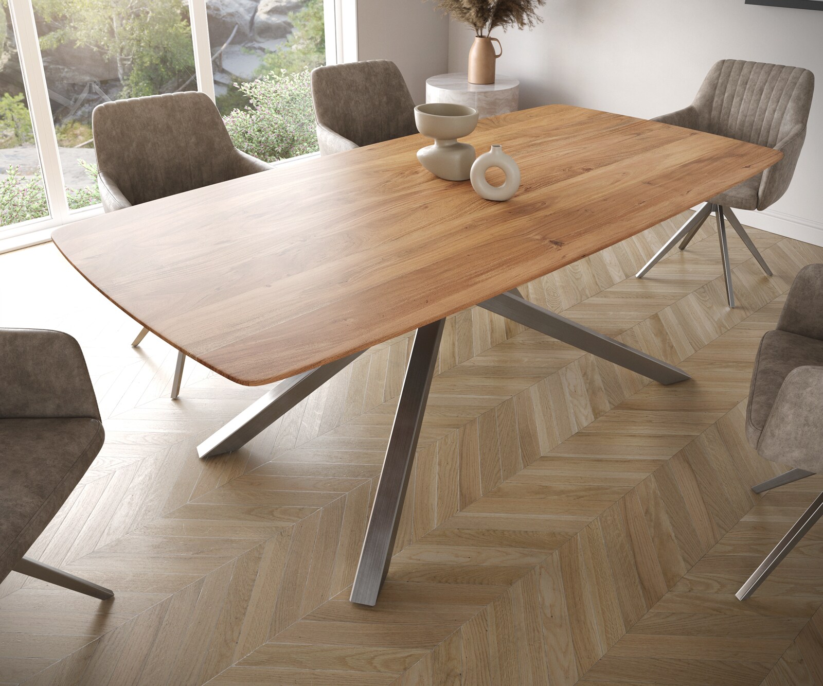 Eettafel Edge Boot 200x100 acacia natuur kruisframe rechthoek roestvrij staal  Schweizer Kante 4
