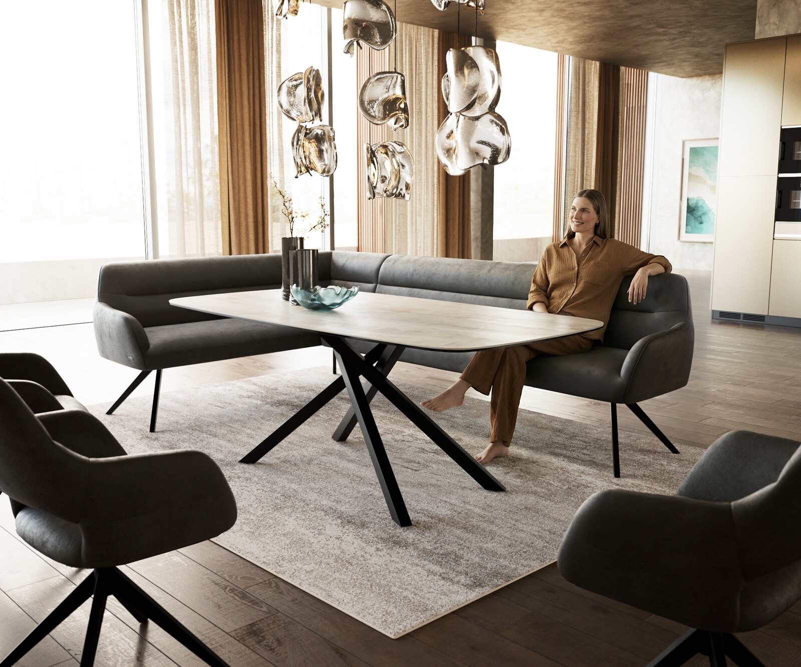 Eetkamerbank Taya-Flex 285x190 cm microvelours anthraciet vintage hoekig kruisframe zwart pocketvering rechts 1