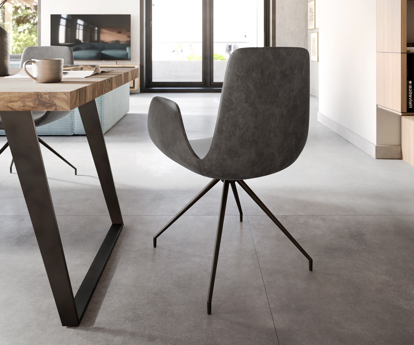 Eetkamerstoel Ilia-Flex met armleuning microvelours antraciet vintage kruisframe conisch zwart 4
