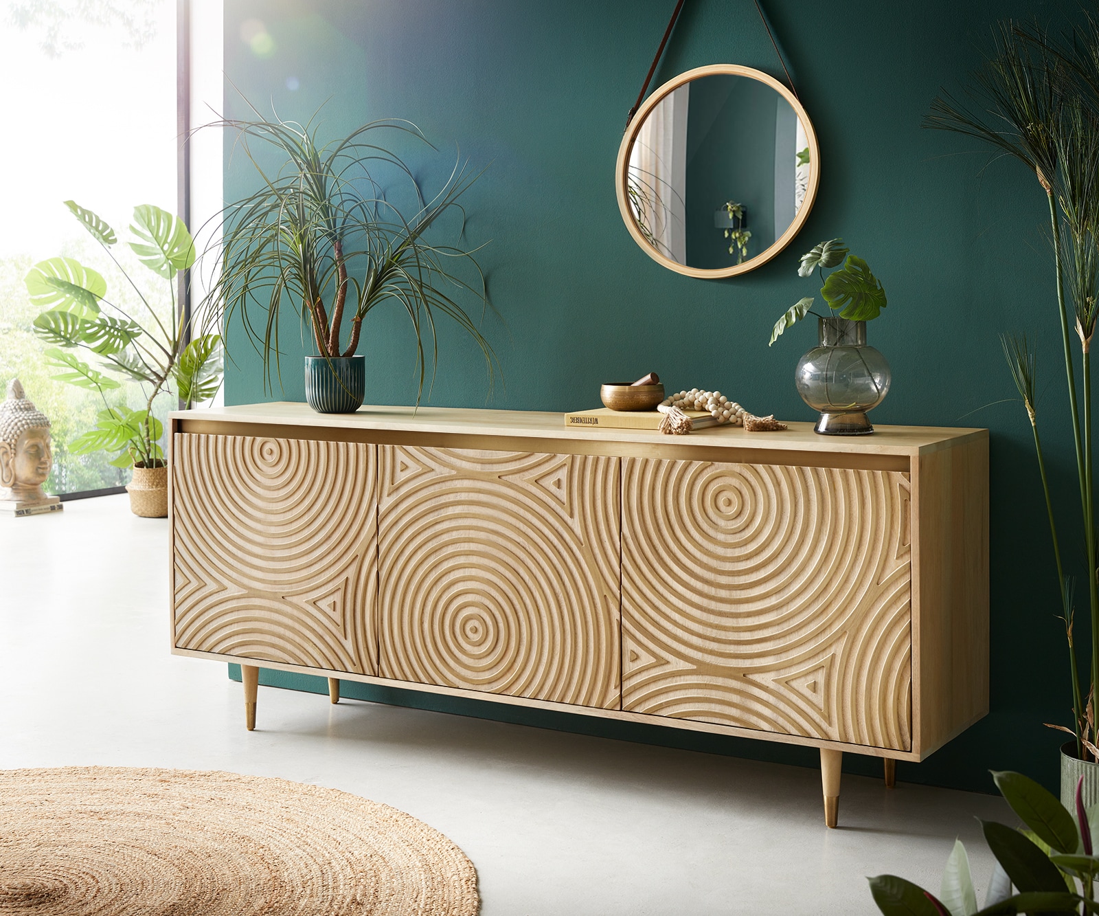 Dressoir Budaya 175 cm mango natuur 3 deurs rond onderstel Dressoir Budaya 175 cm mango natuur 3 deurs rond onderstel