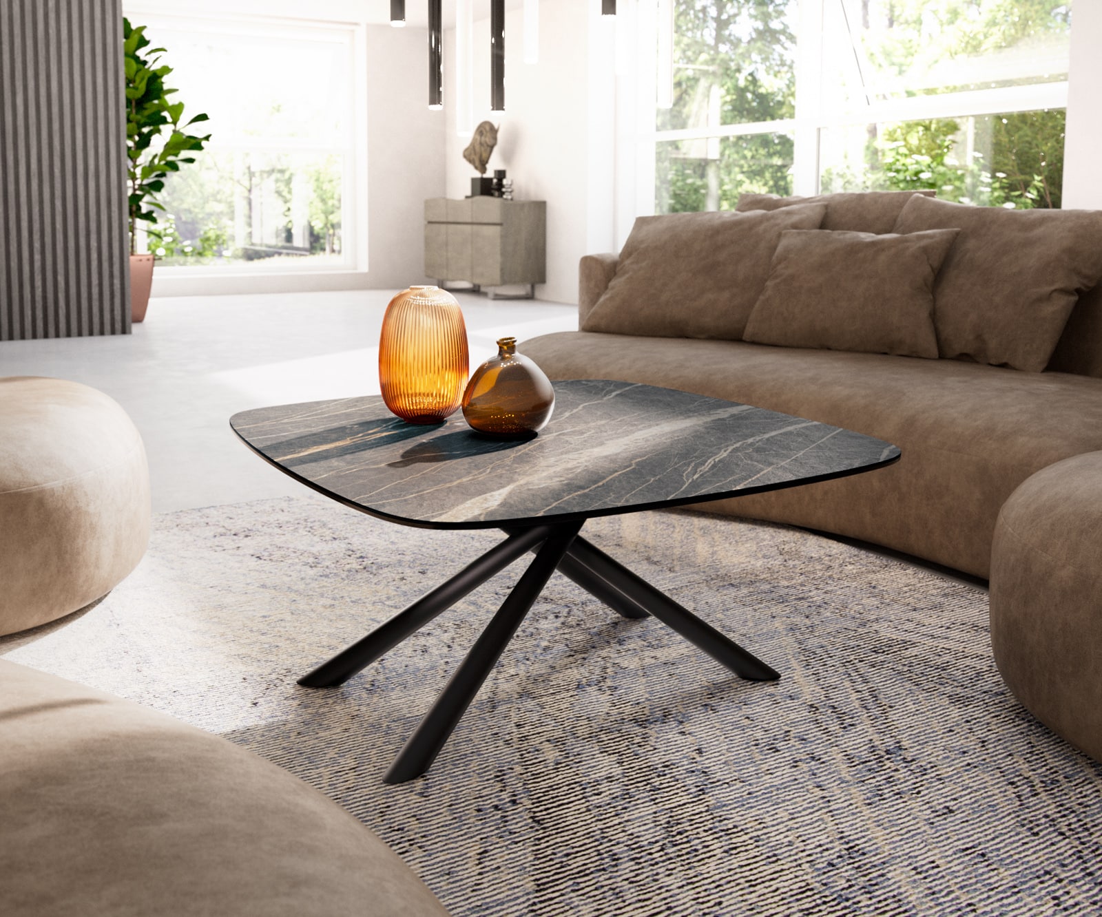 Salontafel Edge Boot 90x90 cm keramiek Laminam® Noir Desir bruin Sarity zwart metaal 1