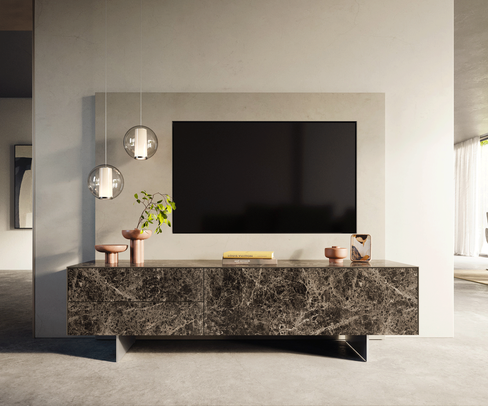 Tv-meubel Cuor 180 cm Keramiek Emperador Extra Lucidato Donkerbruin 1 Flap 2 Laden Zwevende voet look Roestvrij staal 2