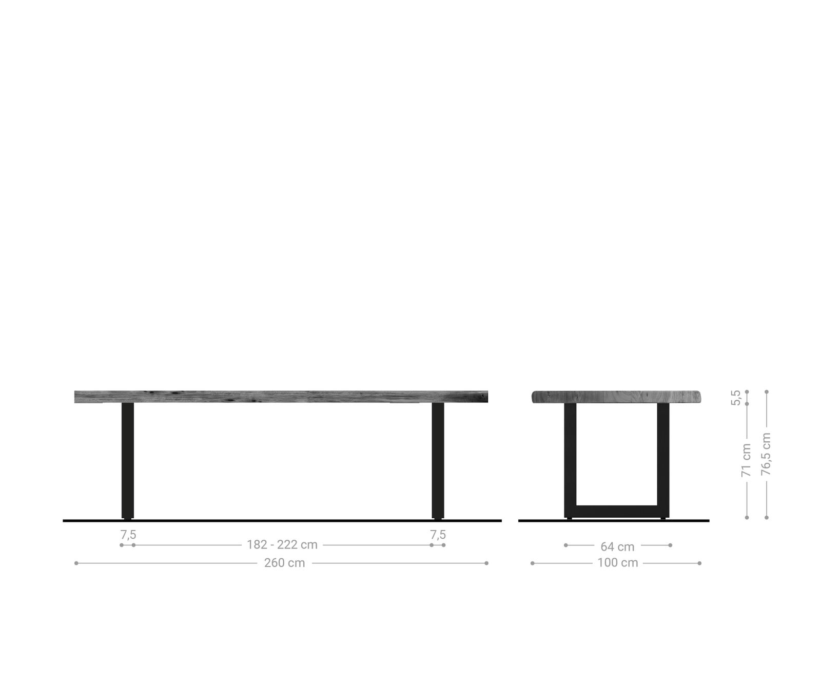 Eettafel Edge 260x100 XL acacia platina roestvrijstaal breed Live-Edge 6