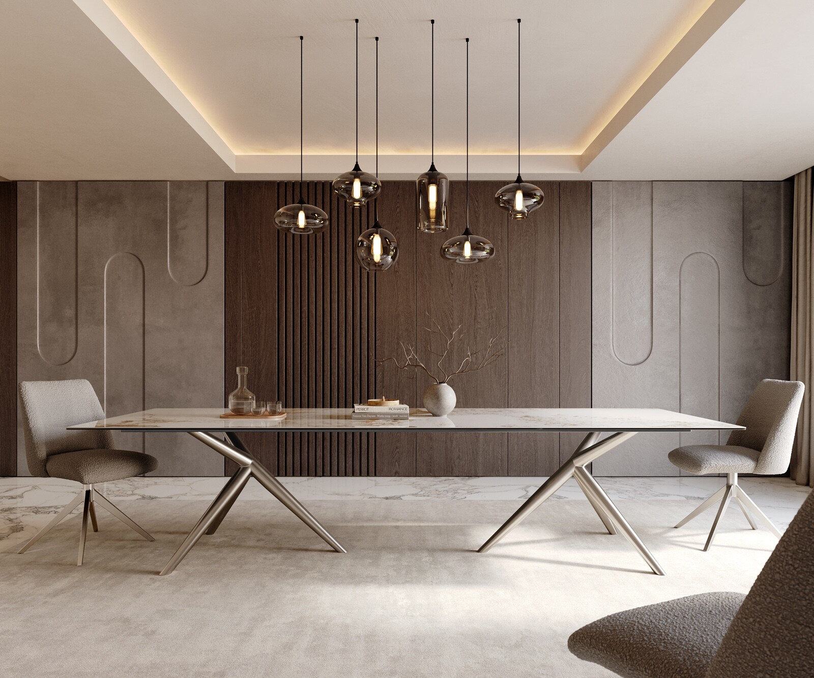 Eetkamertafel Edge 300x100 keramiek Minas Melange wit-Beige Estelar rond  roestvrij staal
