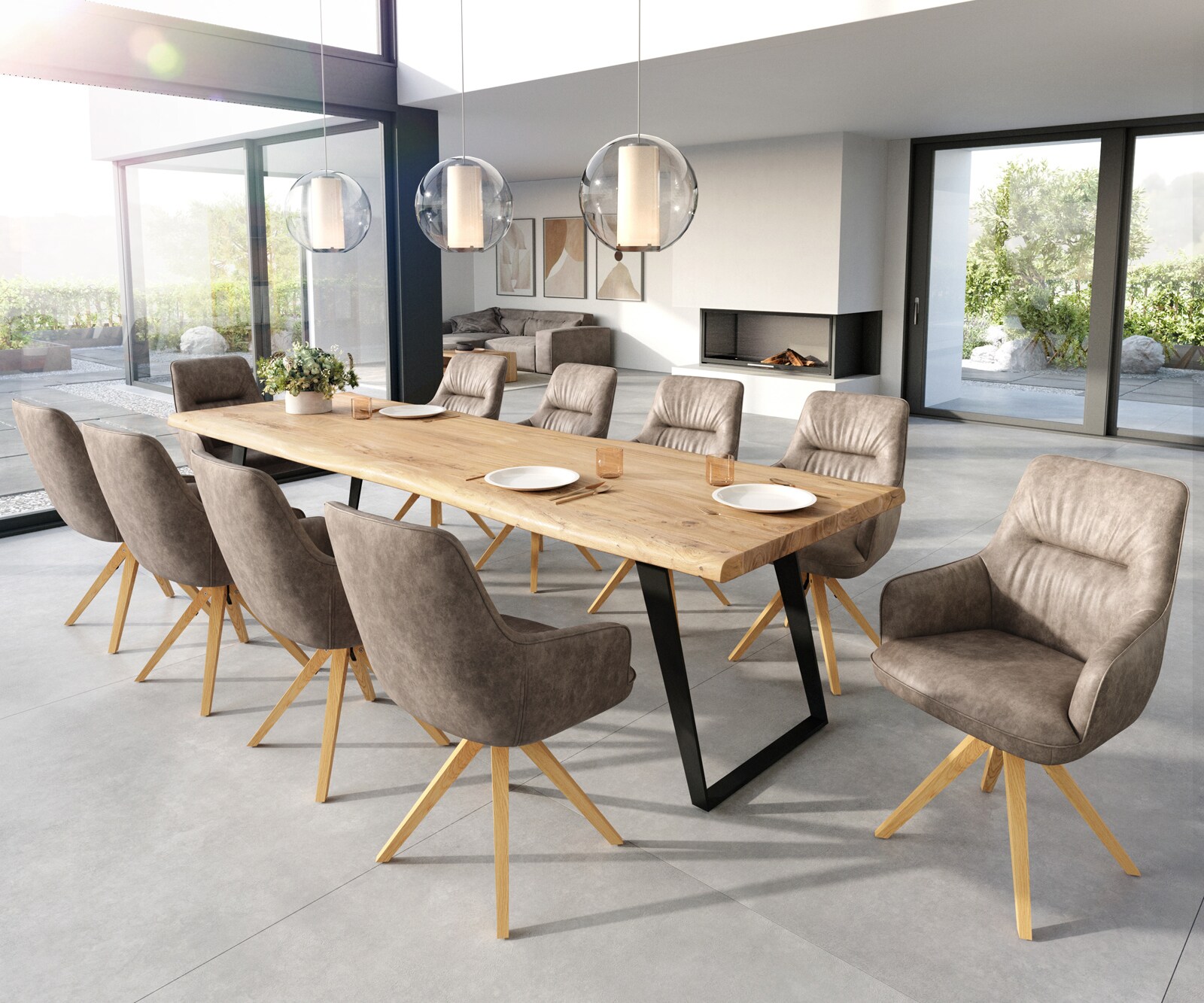 Eetkamerstoel Zelia-Flex met armleuning microvelours taupe vintage houten frame hoekig natuur pocketveer kern 3