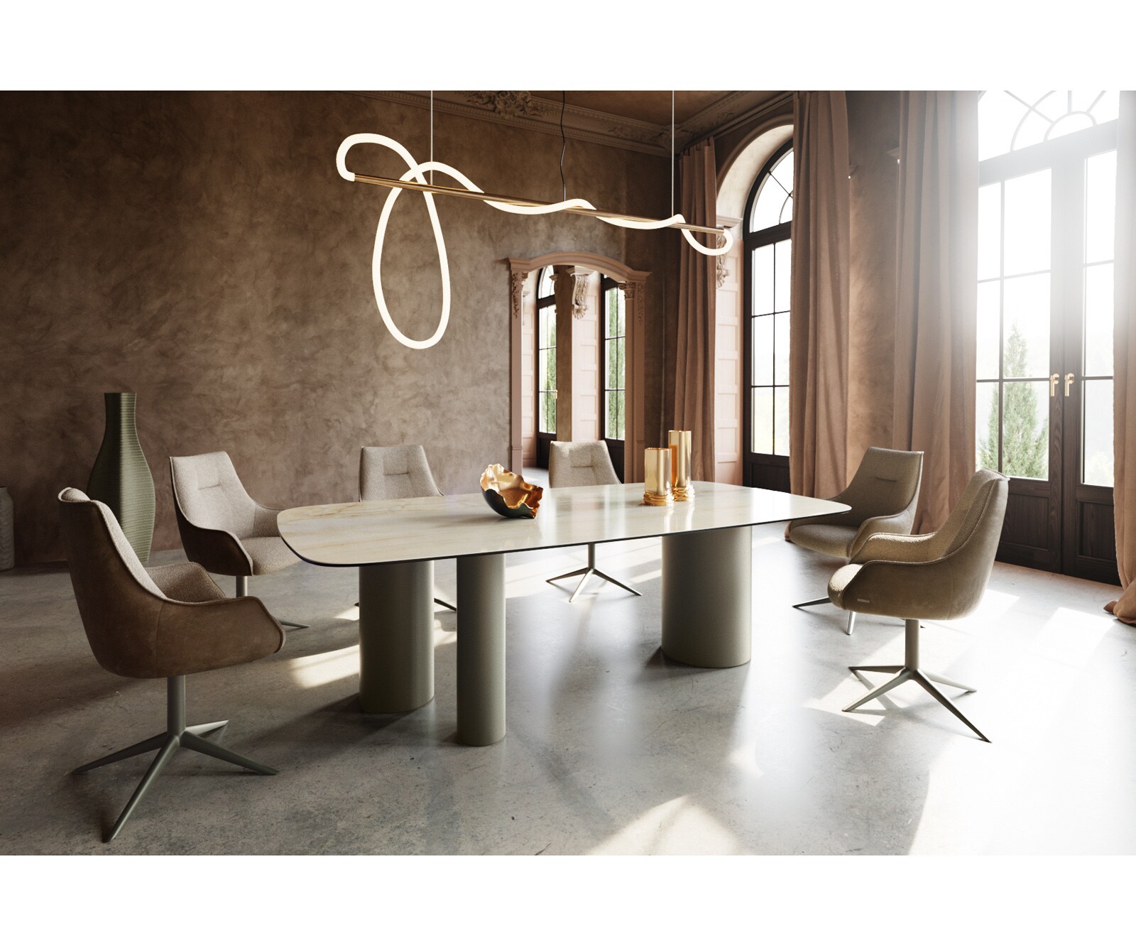 Eetkamertafel Edge Boot 240x120 keramiek Iris FMG Onice OroTroa metaal effectafwerking titaan 4