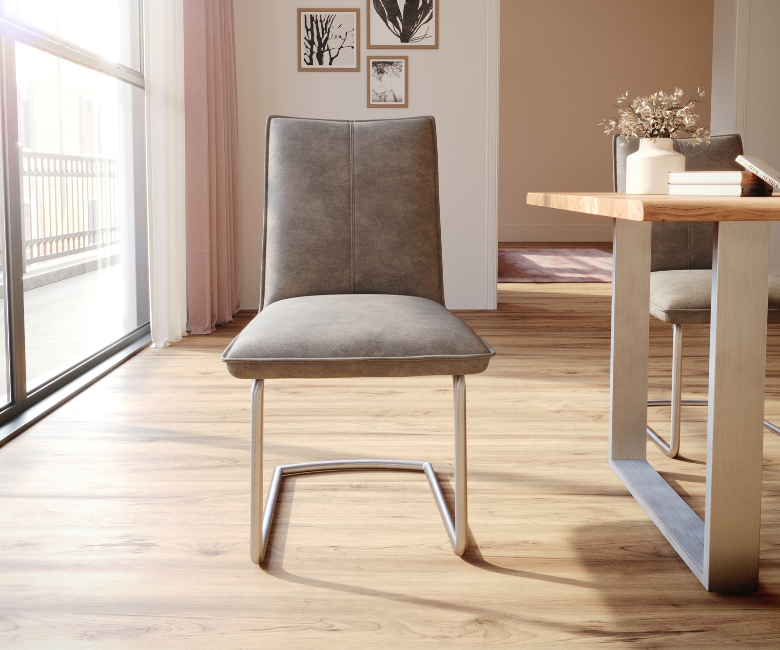 Sledemodel Lelio-Flex microvelours taupe vintage sledemodel rond roestvrij staal pocketveer kern 2