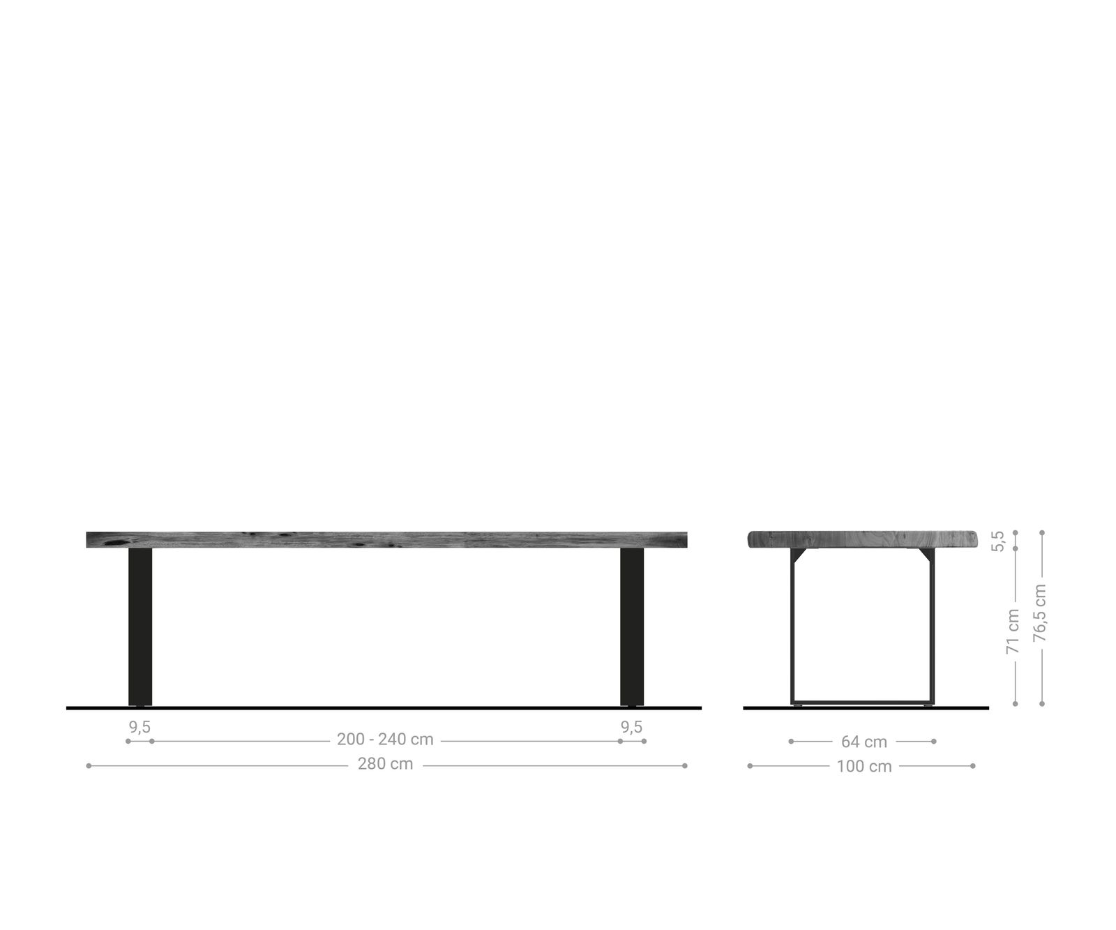 Eettafel Edge 280x100cm XL acacia natuur roestvrijstaal smal Live-Edge 6
