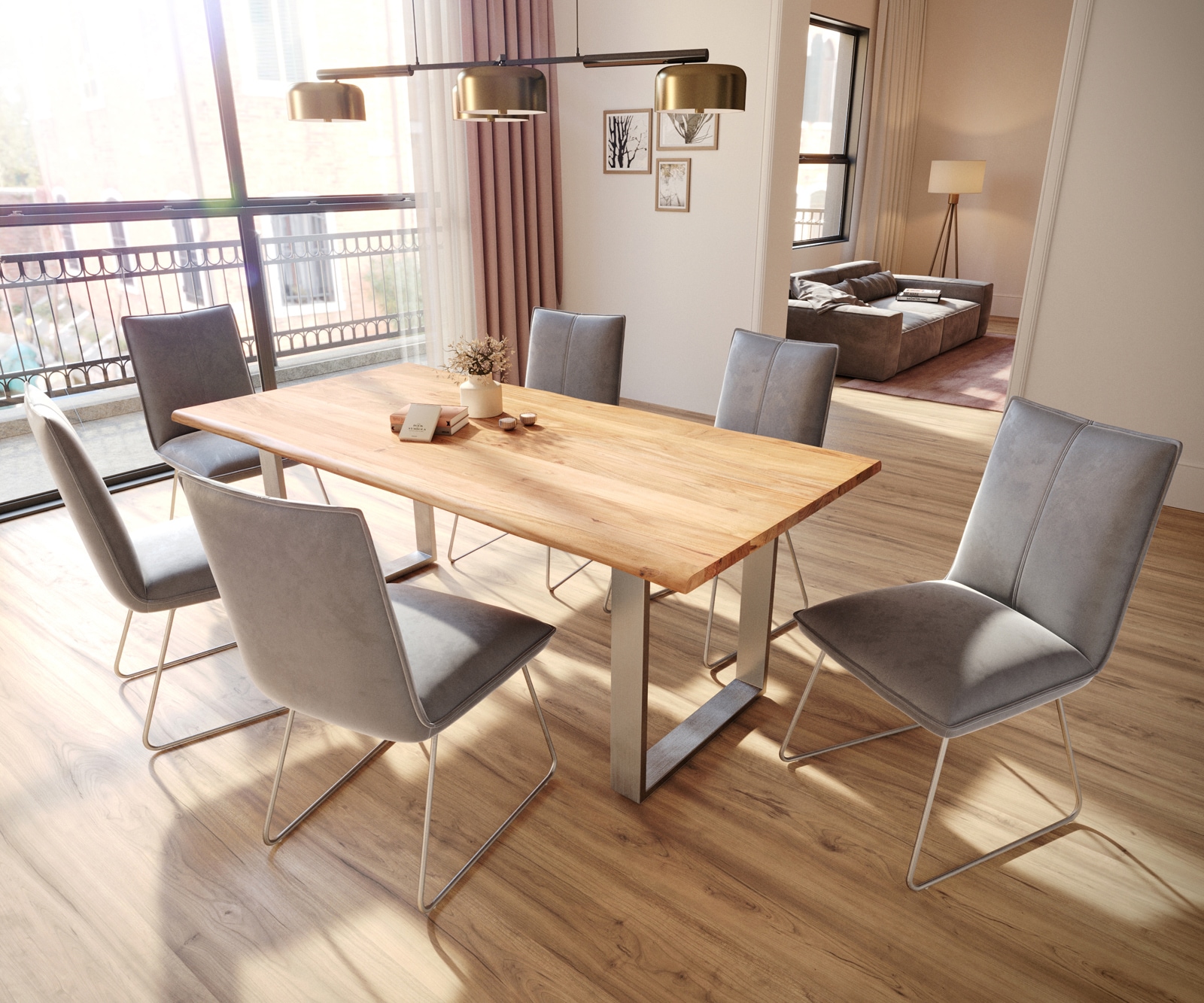 Eetkamerstoel Lelio-Flex fluweel grijs slipframe roestvrij staal pocketveer kern 4