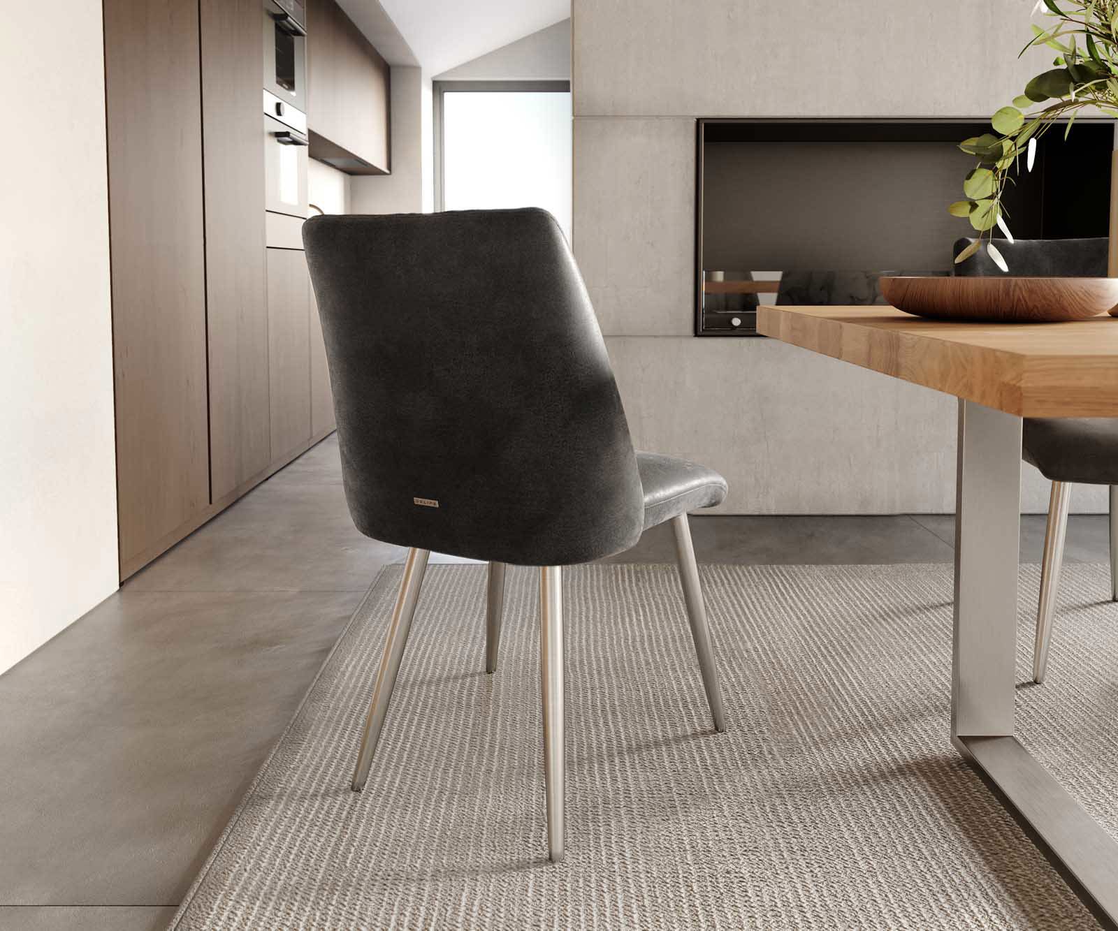 Eetkamerstoel Elso-Flex microvelours antraciet vintage 4-poot conisch roestvrij staal pocketveer kern 3 Eetkamerstoel Elso-Flex microvelours antraciet vintage 4-poot conisch roestvrij staal pocketveer kern 3