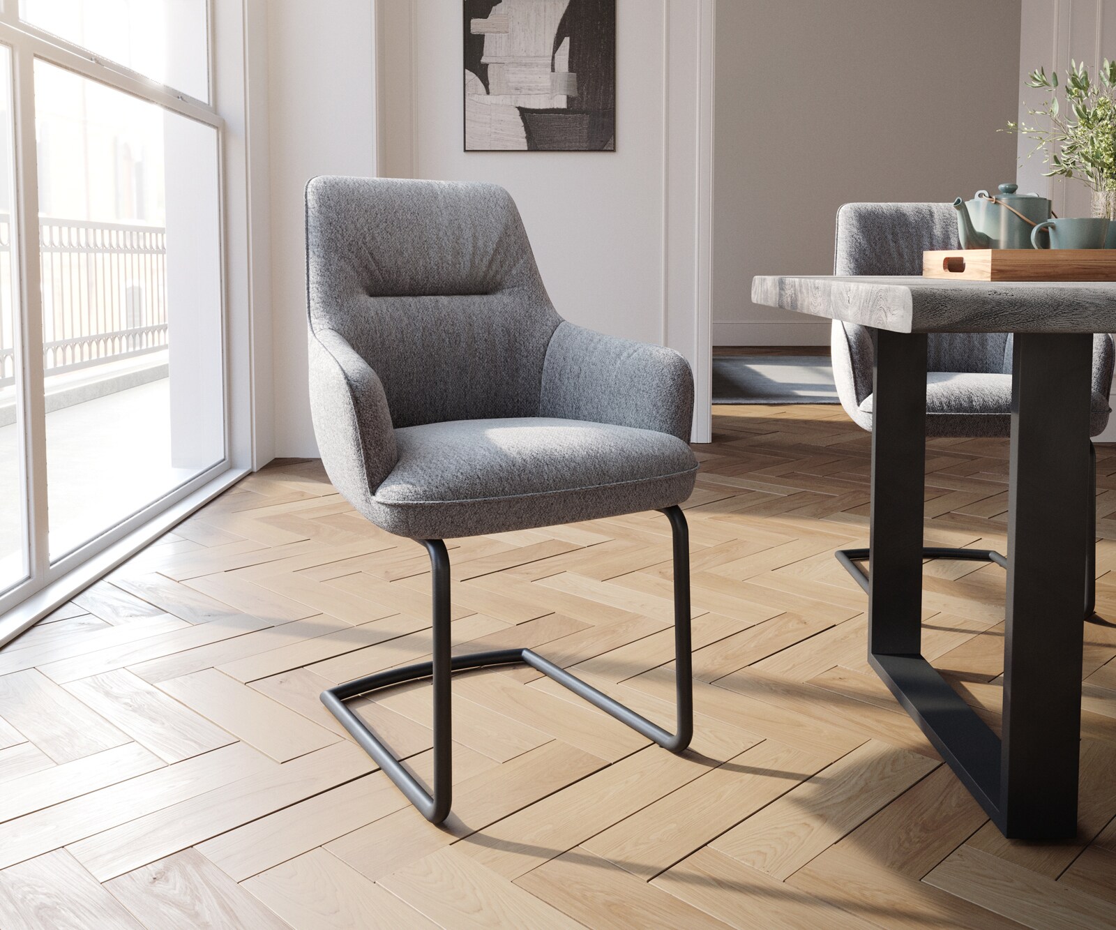 Sledemodel Zelia-Flex met armleuning structuurstof lichtgrijs sledemodel rond zwart pocketveer kern