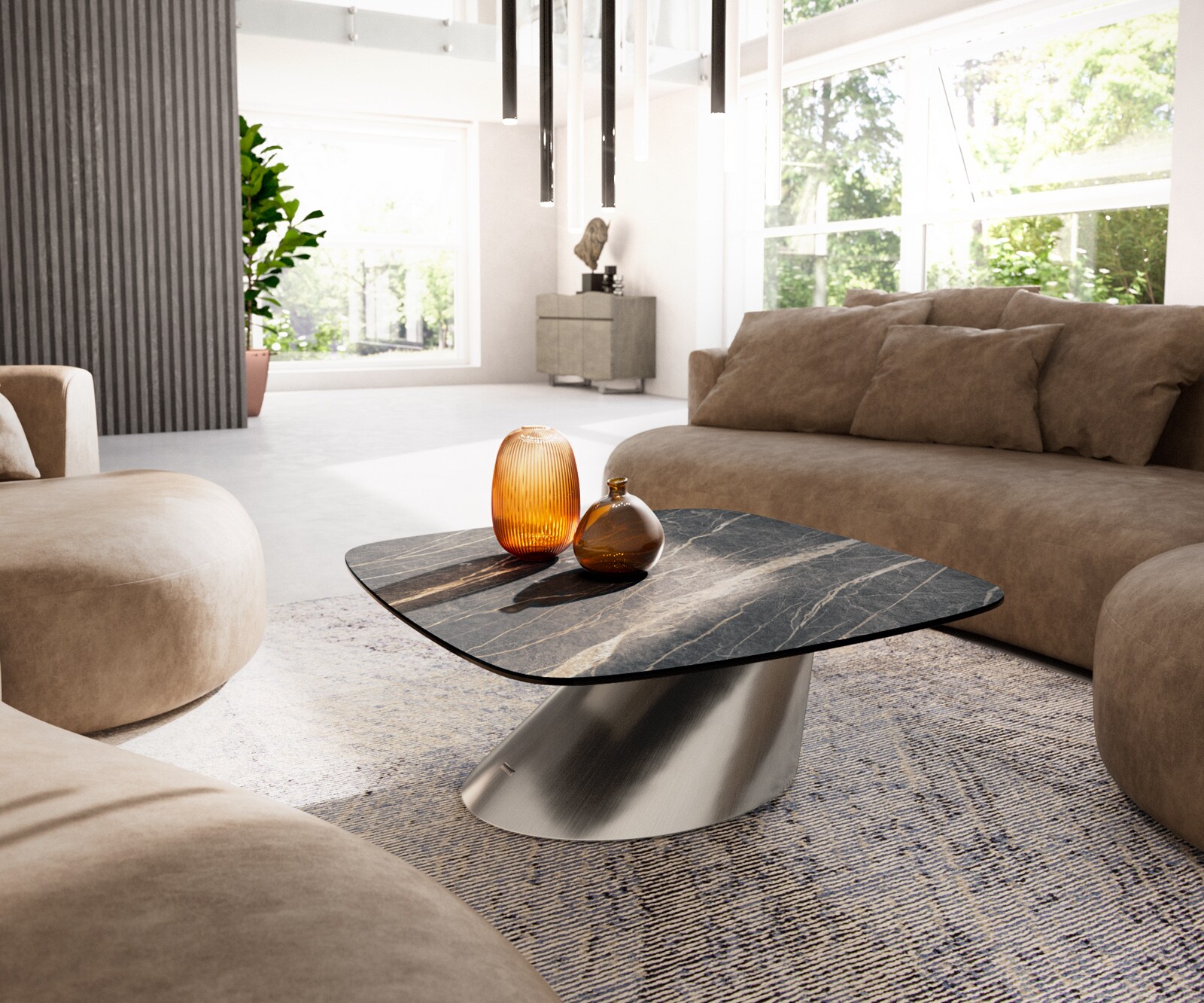 Salontafel Edge Boot 90x90 cm keramiek Laminam® Noir Desir bruin Conis geborsteld roestvrij staal