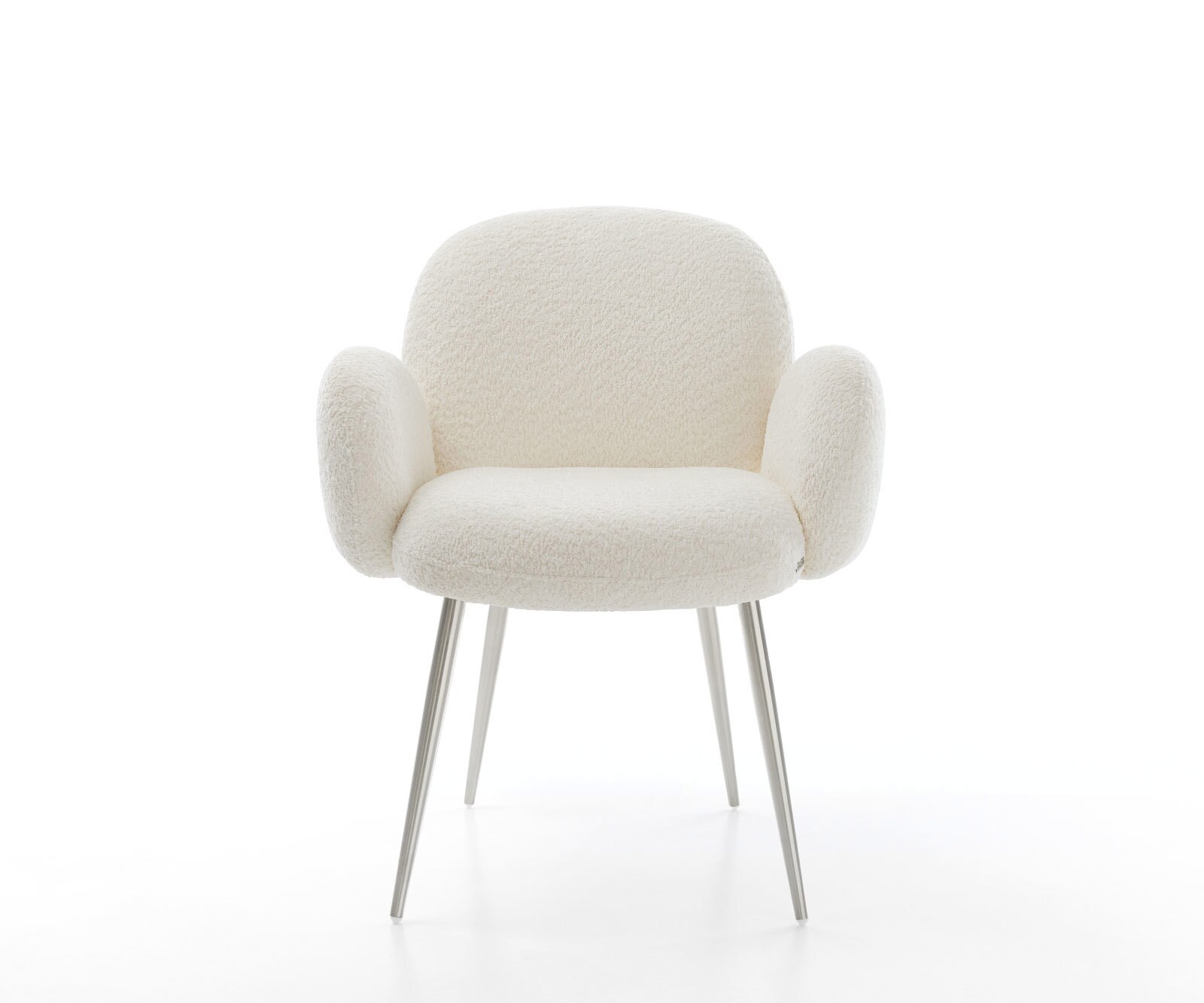 Eetkamerstoel Nube-Flex met armleuning bouclé wit 4-poot conisch roestvrij staal pocketveer kern 1 Eetkamerstoel Nube-Flex met armleuning bouclé wit 4-poot conisch roestvrij staal pocketveer kern 1