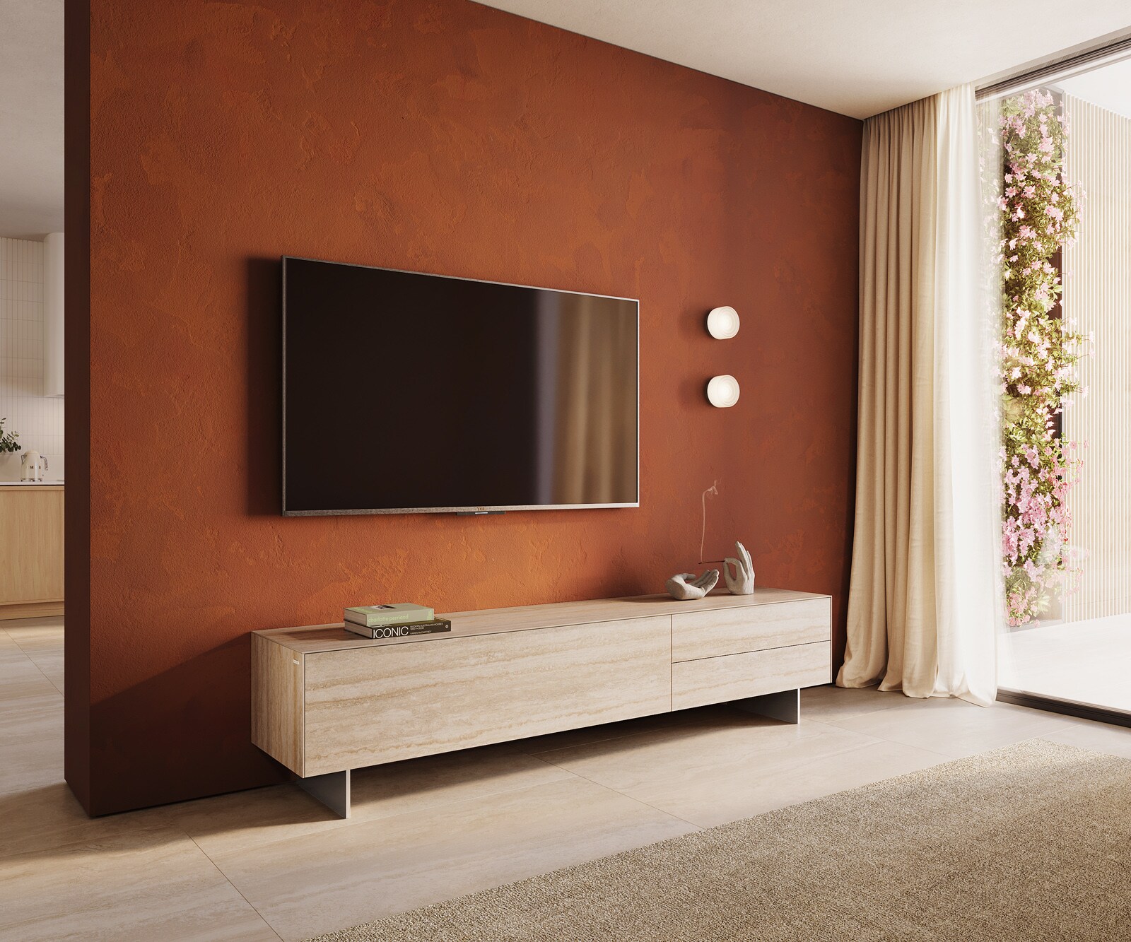 Tv-meubel Cuor 220 cm Keramiek Laminam® Travertino Bianco Crème-wit 1 Flap 2 Laden Zwevende voet look Roestvrij staal 1