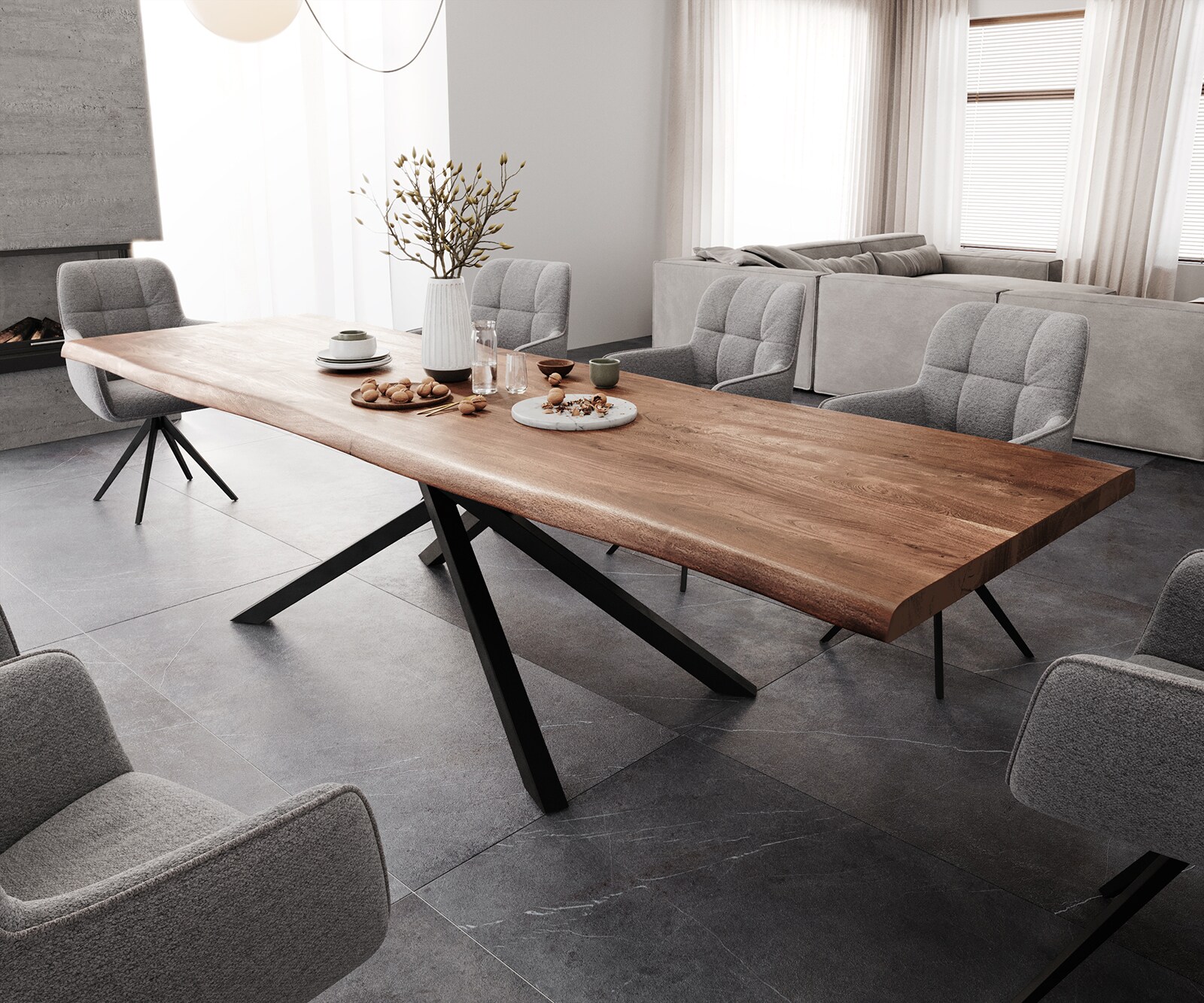 Eettafel Edge 300x100 XL acacia bruin Kreuzframe rechthoek zwart Live-Edge 1