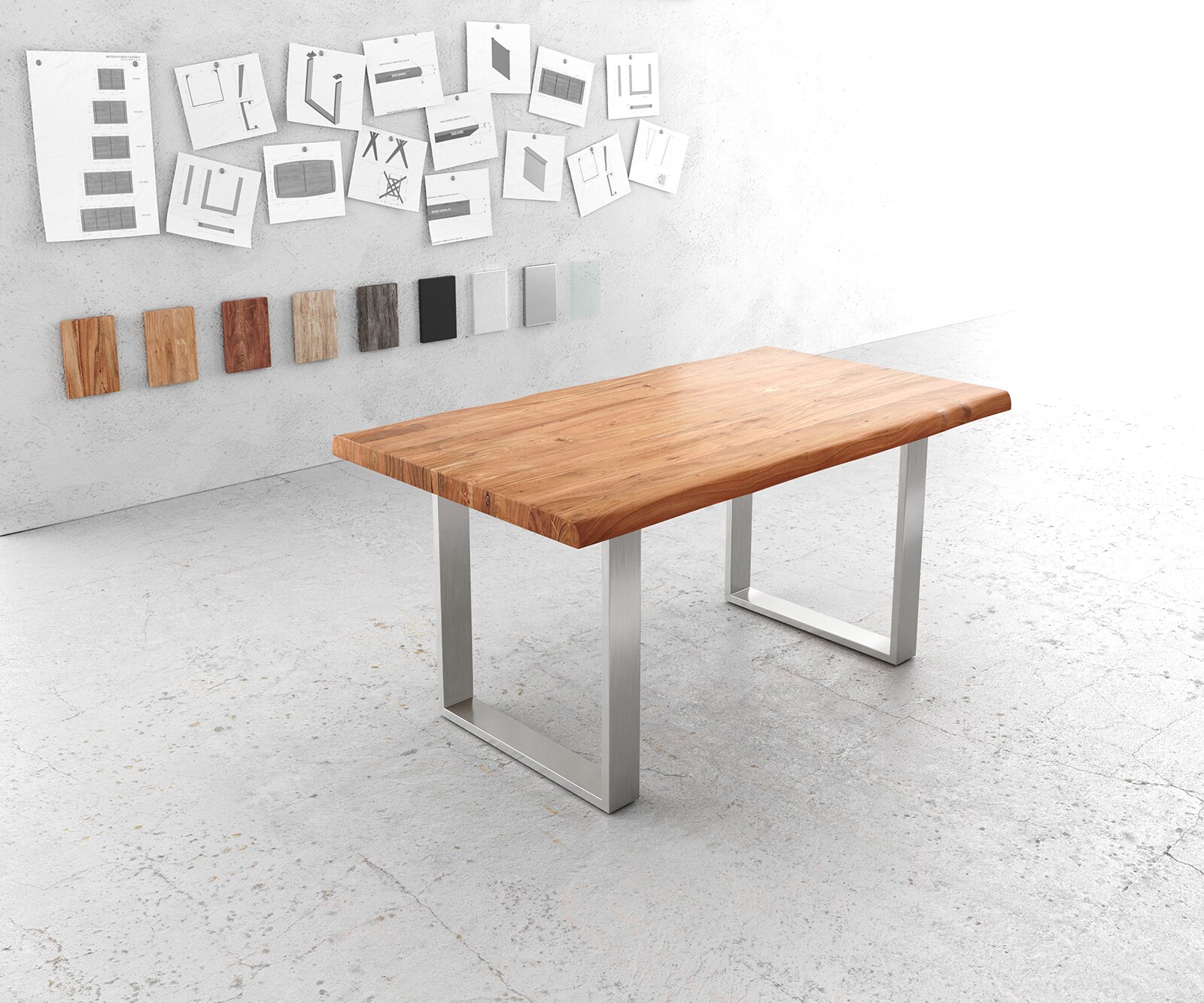 Eettafel Edge 160x90cm XL acacia natuur roestvrijstaal smal Live-Edge 1