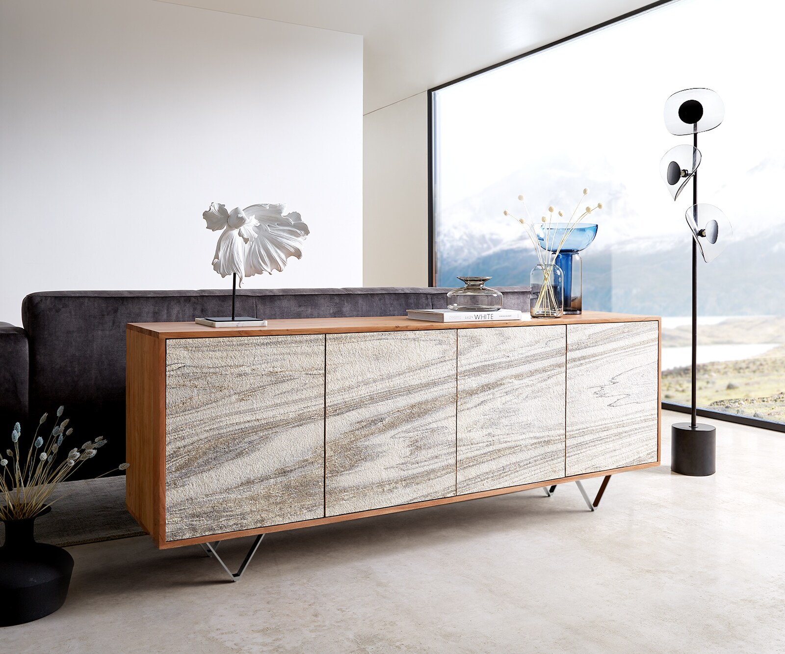 Dressoir Kleo 175 cm natuur acacia 4 deuren V-poot roestvrij staal