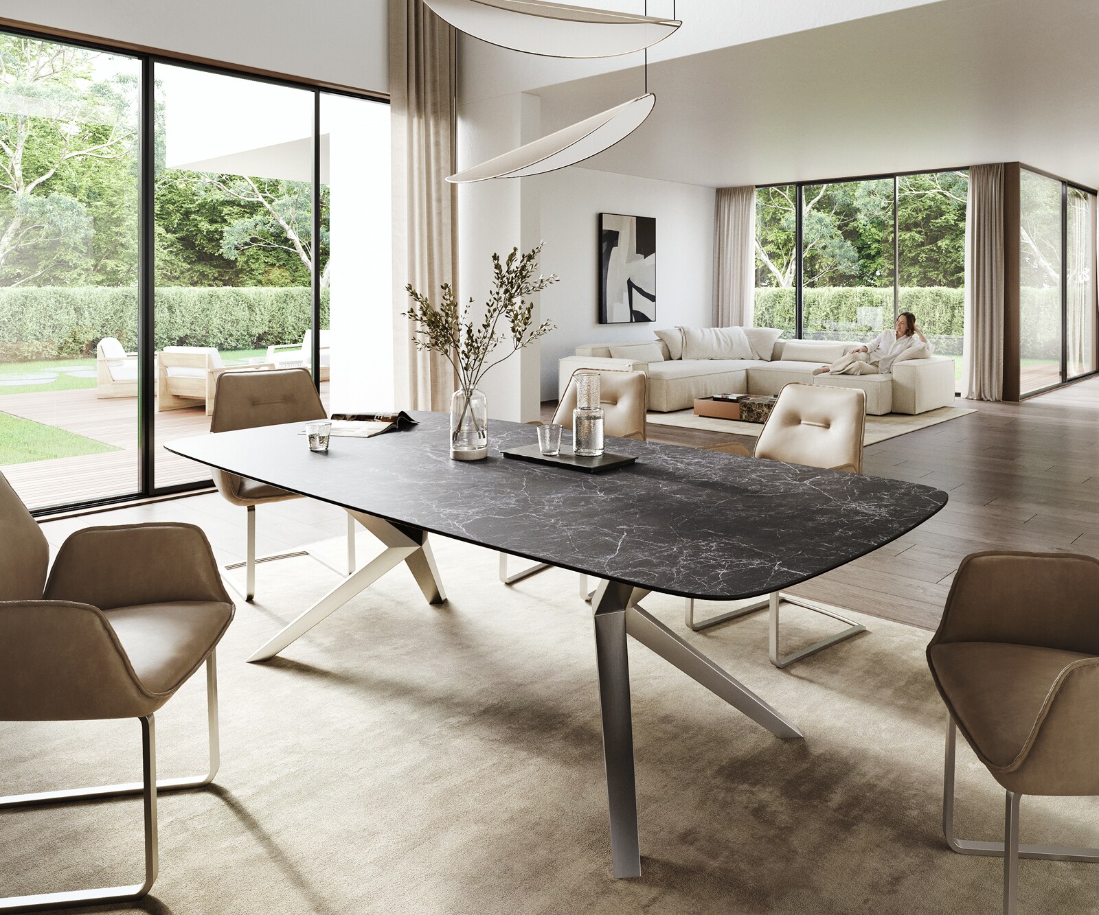 Eettafel Edge Boot 260x120 cm Keramiek Laminam® Nero Greco Anthrazit Zenthara hoekig Roestvrij staal