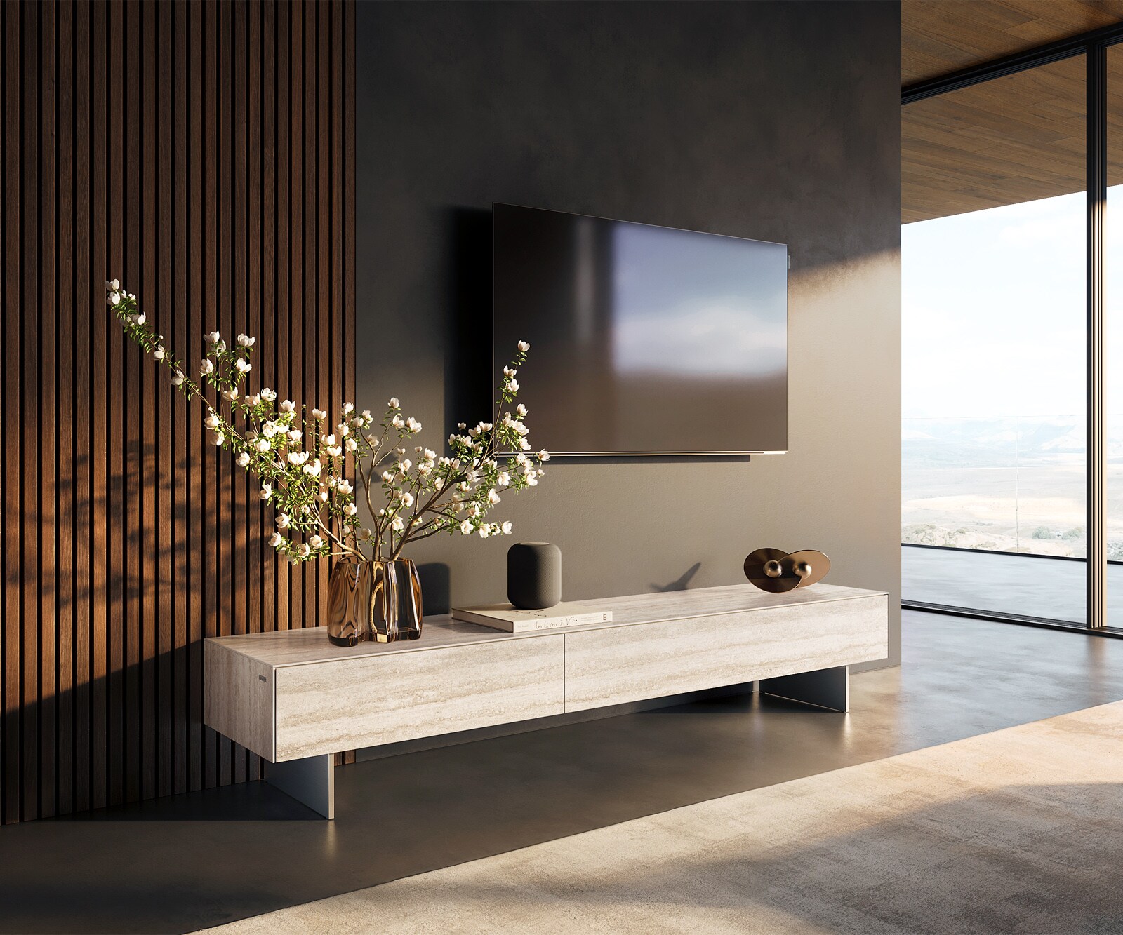Tv-meubel Cuor 200 cm Keramiek Laminam® Travertino Bianco Crème-wit 1 Flap 1 Lade Zwevende voet look Roestvrij staal
