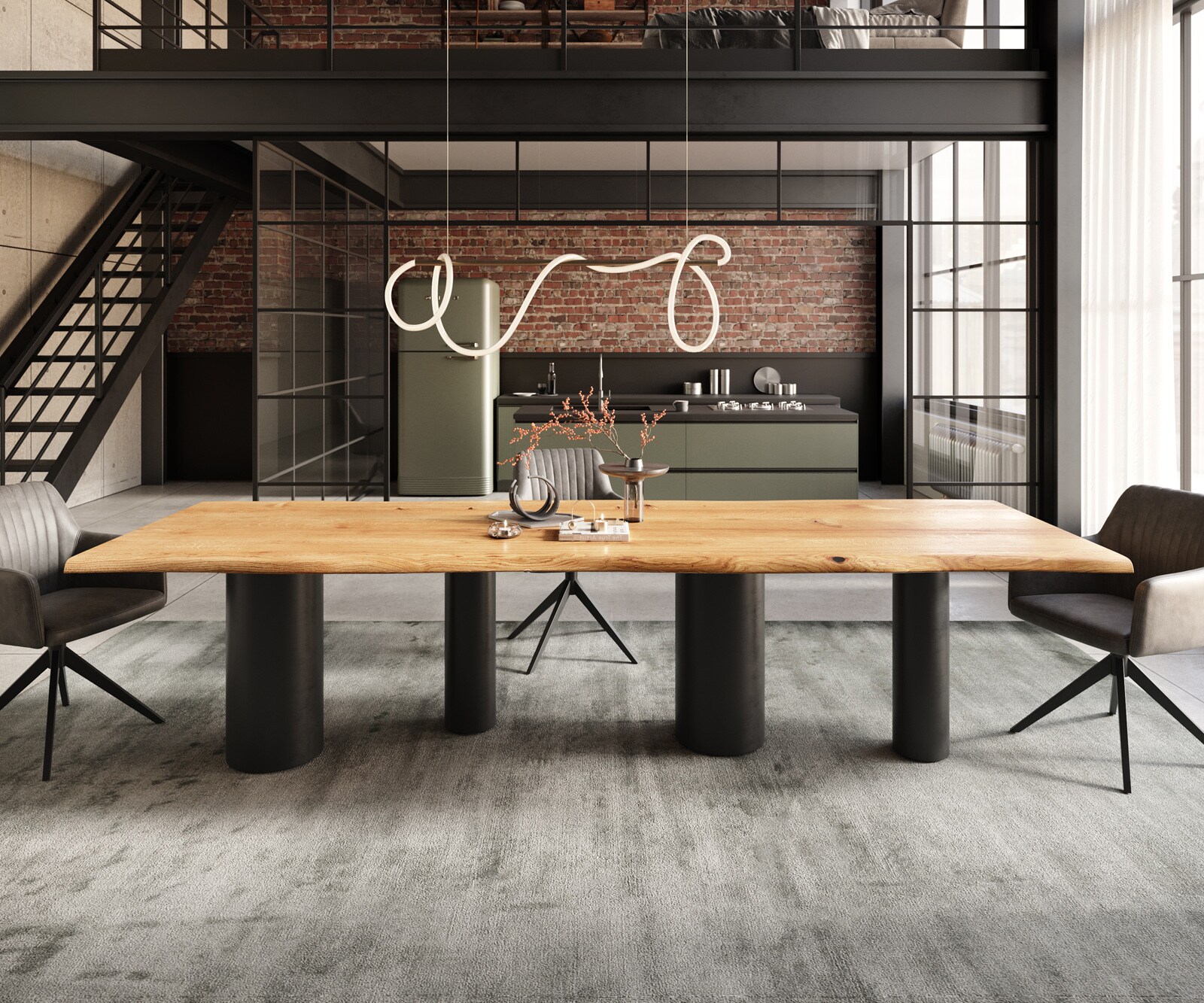 Eettafel Edge 300x100x4 eiken natuur Pilier metaal zwart Live-Edge 1
