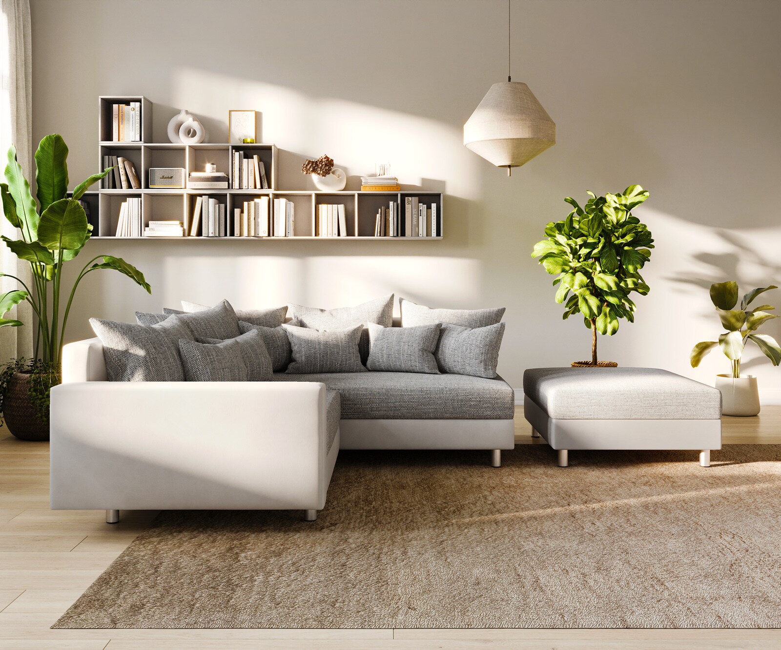 Hoekbank Clovis wit lichtgrijs modulaire hocker armleuning ottomane rechts 3