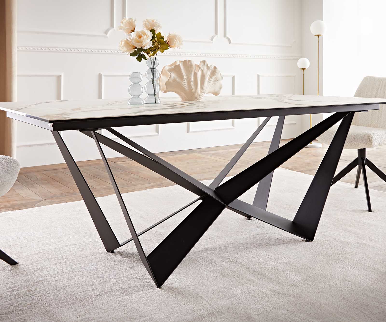 Eetkamertafel Edge 200x100 keramiek Calacatta Luxe wit-goud-grijs spider vlak staal zwart 6