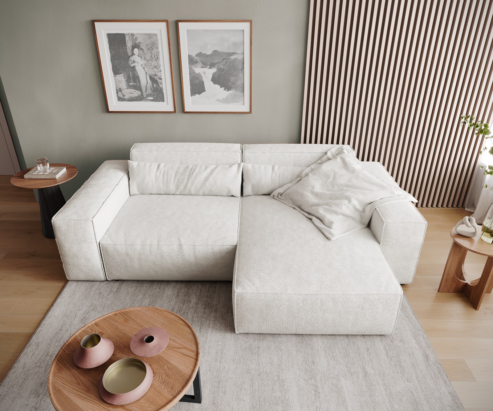 Hoekbank Sirpio 230x155 cm bouclee crème-wit recamiere variabele 5