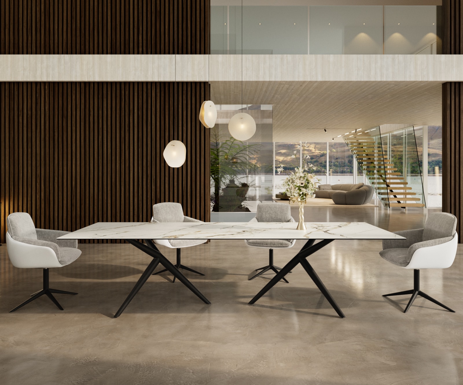 Eetkamertafel Edge 300x100 keramiek Calacatta Luxe wit-Gold-grijs Estelar rond  metaal zwart Eetkamertafel Edge 300x100 keramiek Calacatta Luxe wit-Gold-grijs Estelar rond  metaal zwart